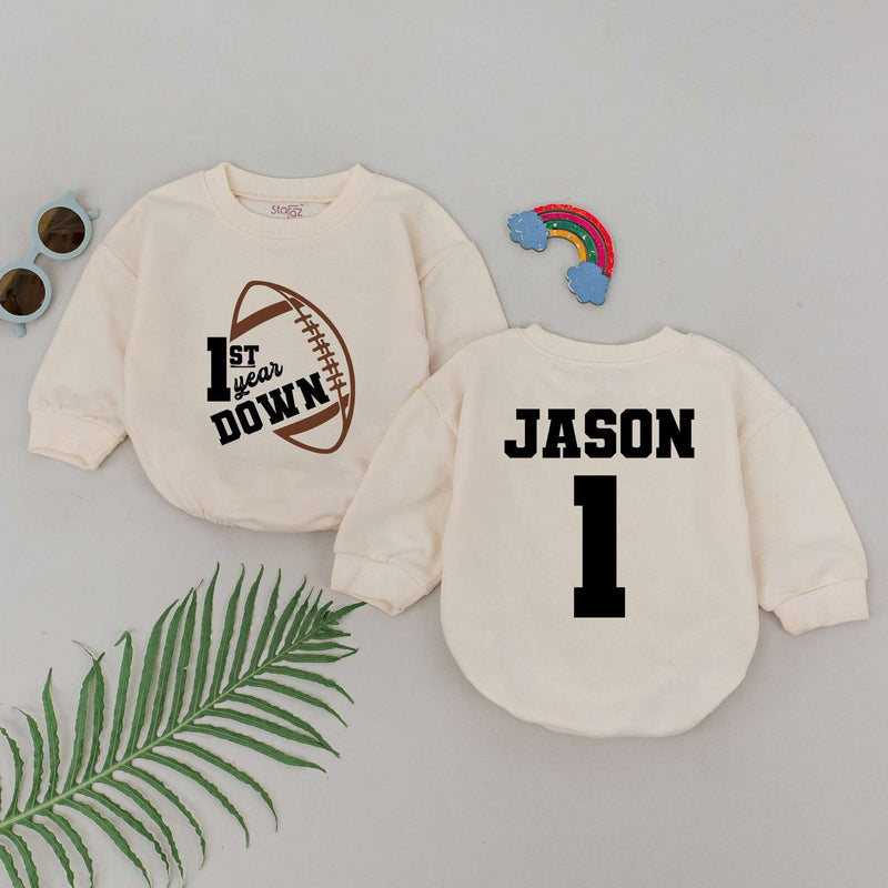 Personalized 1st Year Down Football Romper for Baby Boys Birthday Party Outfit Soft Cotton Custom Name Jason Number 1 Design