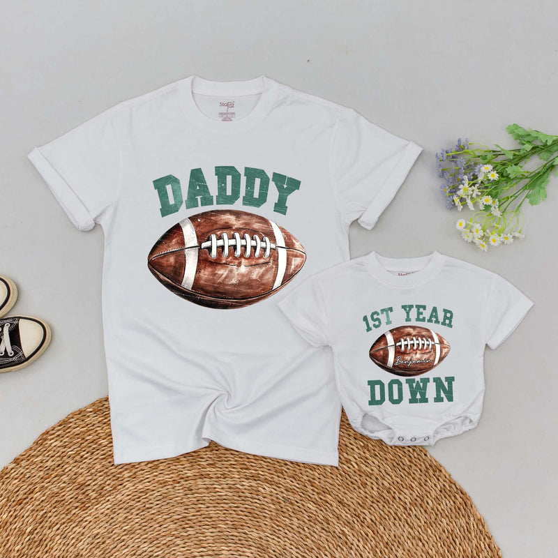 Personalized Family Football Birthday T-Shirt Custom Names First Year Down Romper Comfortable Cotton Party Outfit Mom Dad Sister Brother