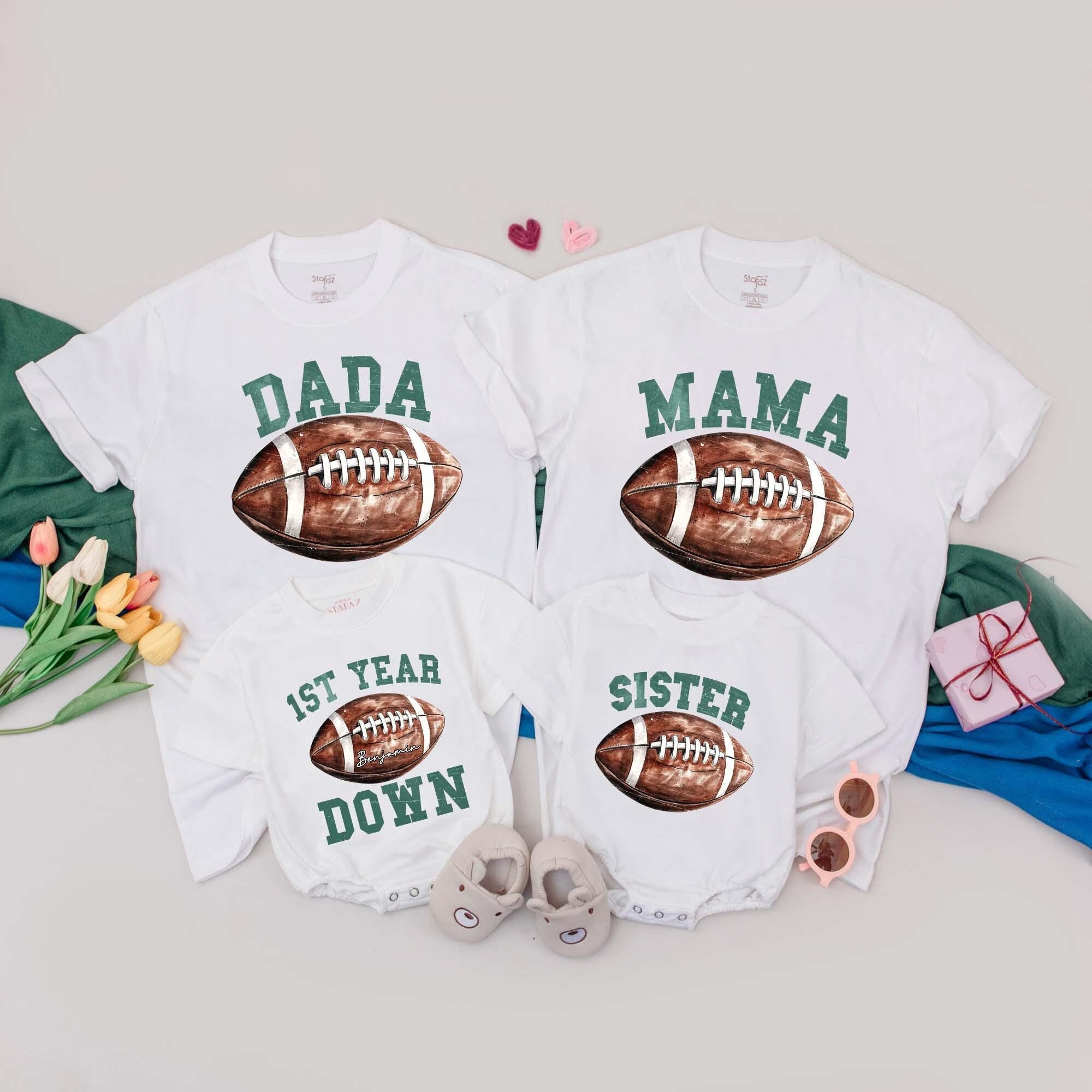 Personalized Family Football Birthday T-Shirt Custom Names First Year Down Romper Comfortable Cotton Party Outfit Mom Dad Sister Brother