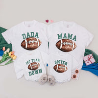 Personalized Family Football Birthday T-Shirt Custom Names First Year Down Romper Comfortable Cotton Party Outfit Mom Dad Sister Brother