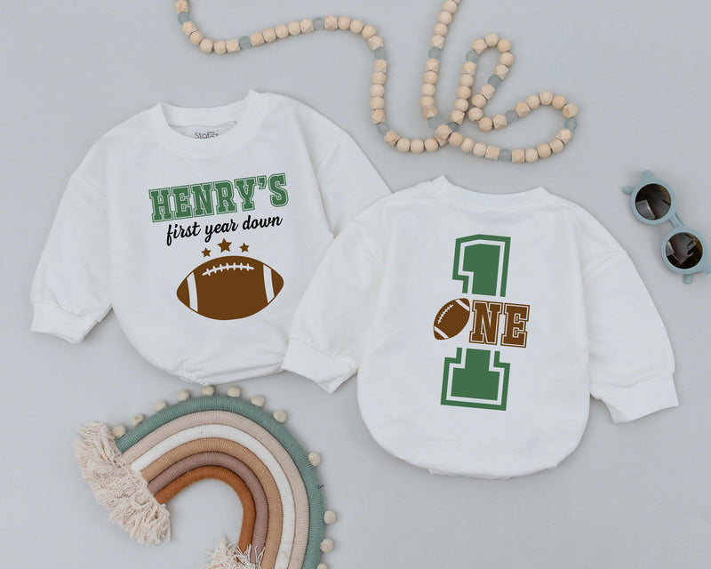 Personalized First Year Down Romper Football Birthday Outfit Baby Gift Playful Sporty Cotton Design Custom Name Toddler Party Clothes