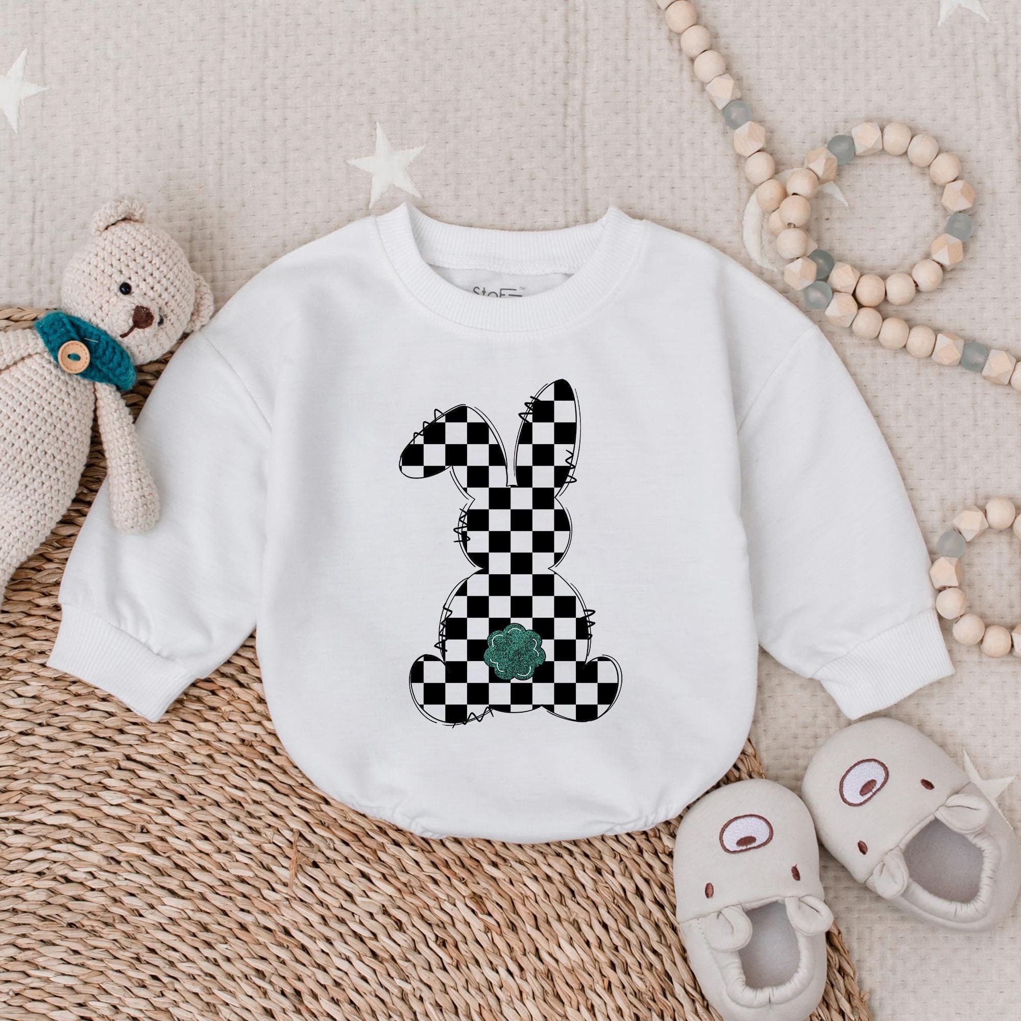 Checker Bunny Boy Bubble Romper with Clover Design Soft Cotton Baby Outfit for Easter Holiday Infant Clothes Newborn Bodysuit Gift