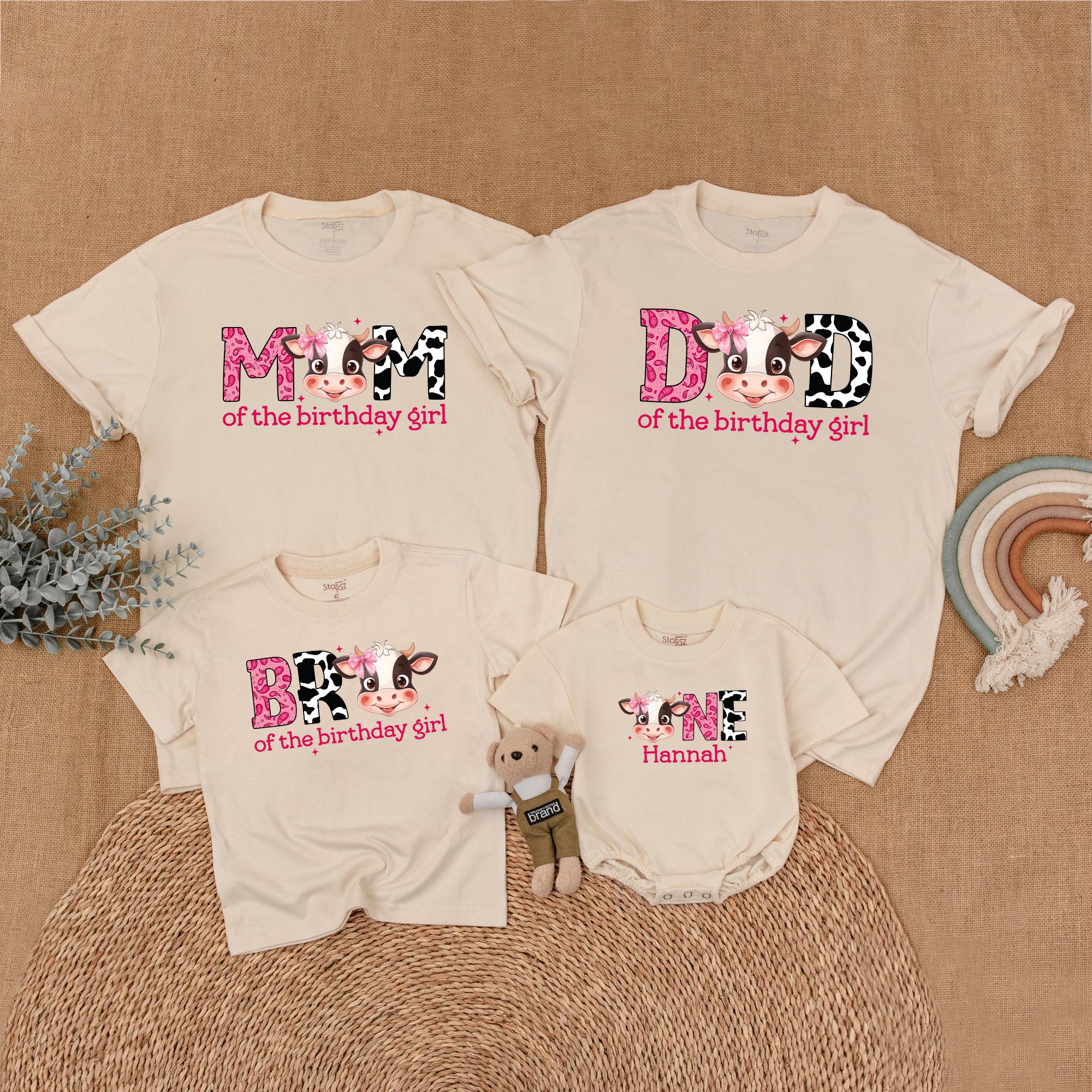 Girls Personalized Cow Print Birthday Outfit Matching Family Western Theme Shirt for Mom Dad Sis Custom Name First Birthday Gift
