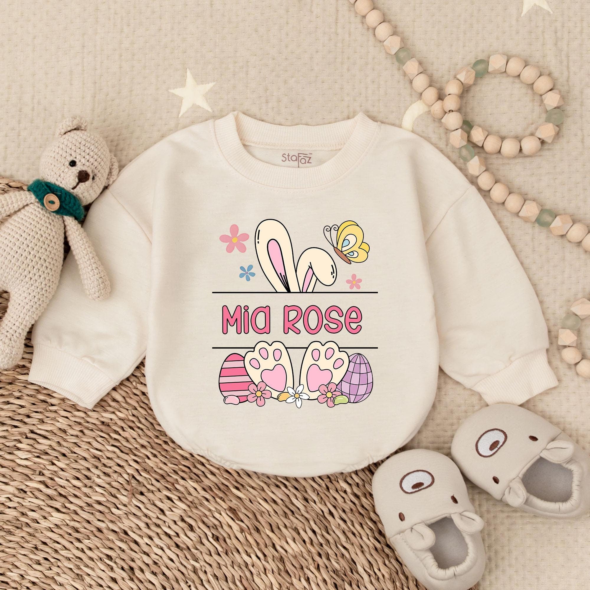 Custom Name Easter Romper with Bunny Ears - Personalized Baby Outfit