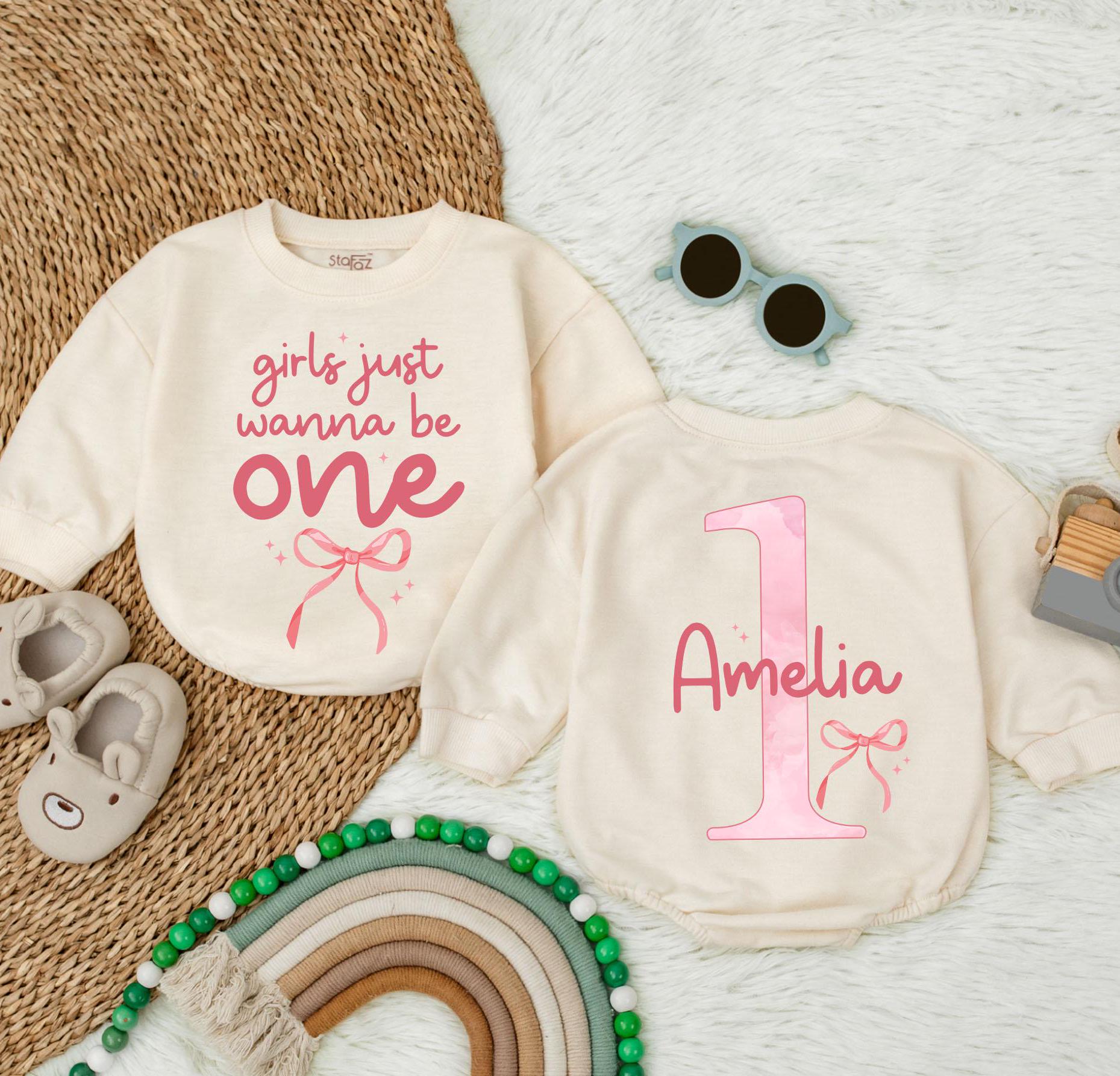 Personalized First Birthday Romper with Pink Bow Design