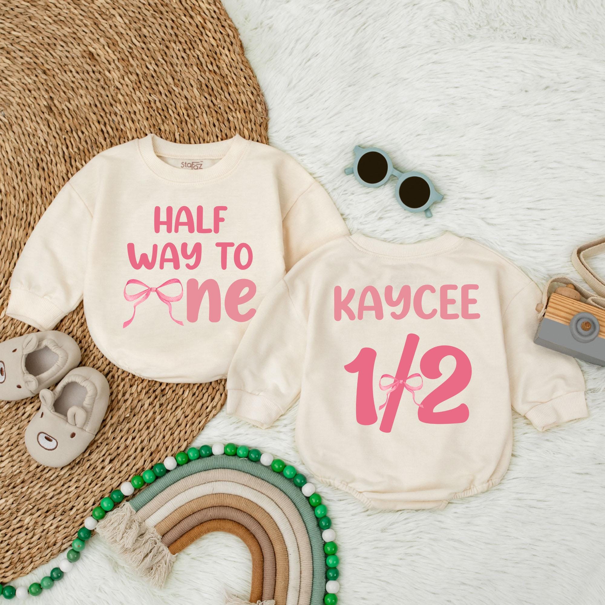 Personalized Half Way to One Romper with Pink Bow for Baby Girl's Half Birthday Celebration Cute Outfit Custom Name