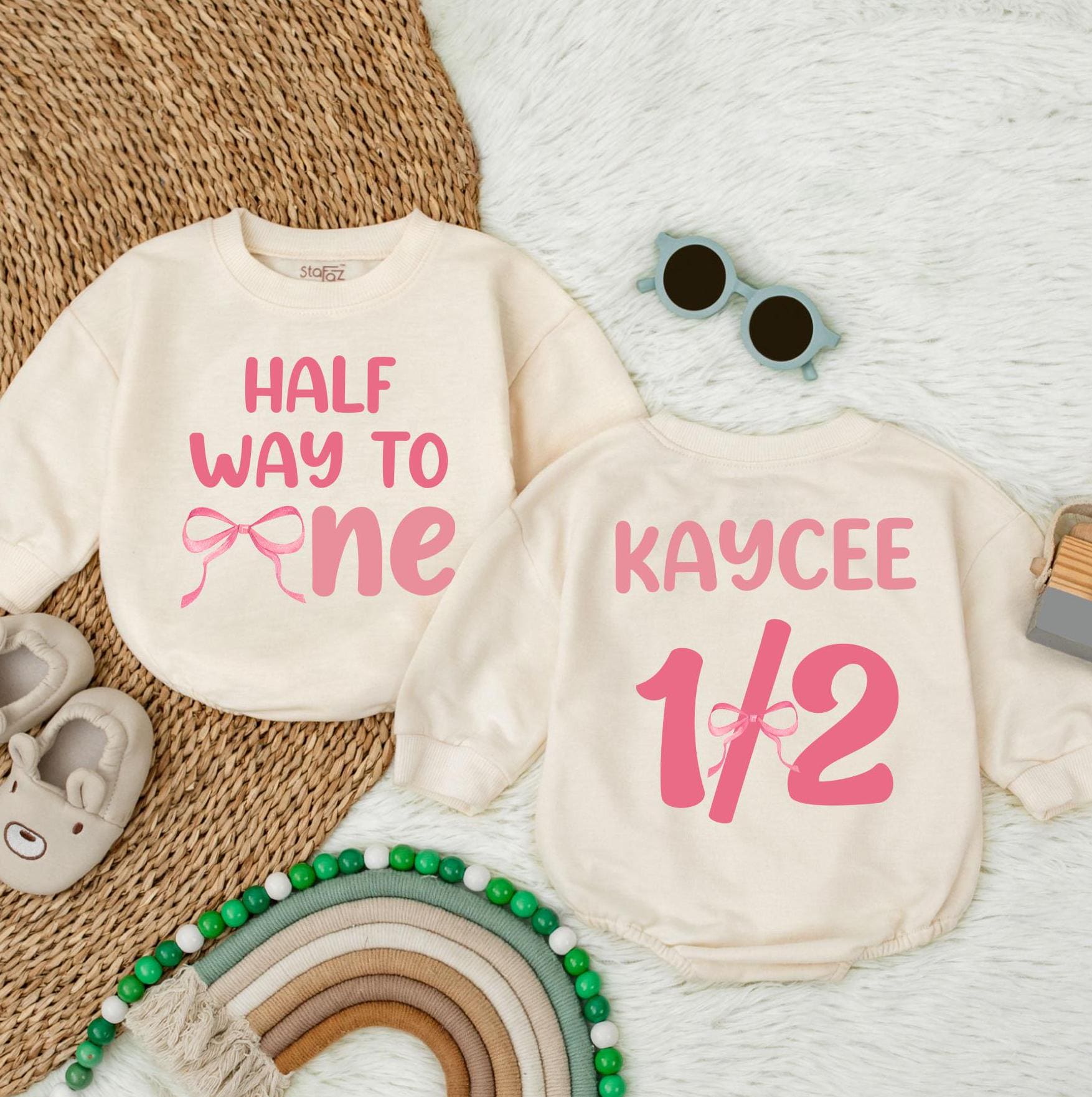 Personalized Half Way to One Romper with Pink Bow for Baby Girl's Half Birthday Celebration Cute Outfit Custom Name