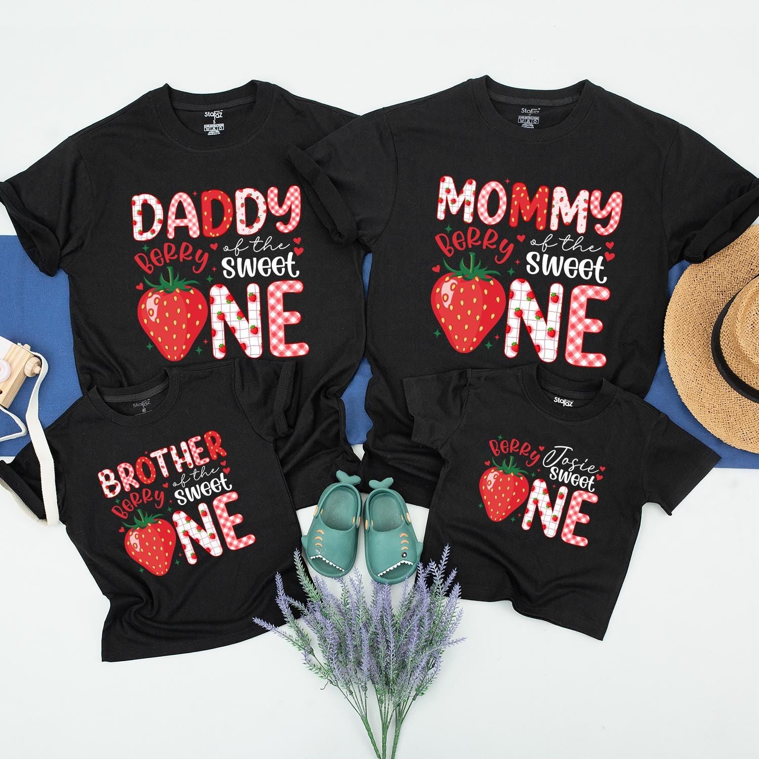 Berry Sweet One Matching Family Birthday Shirts Playful Strawberry Design 1st Celebration Outfit Customizable Names for Mom Dad Sister