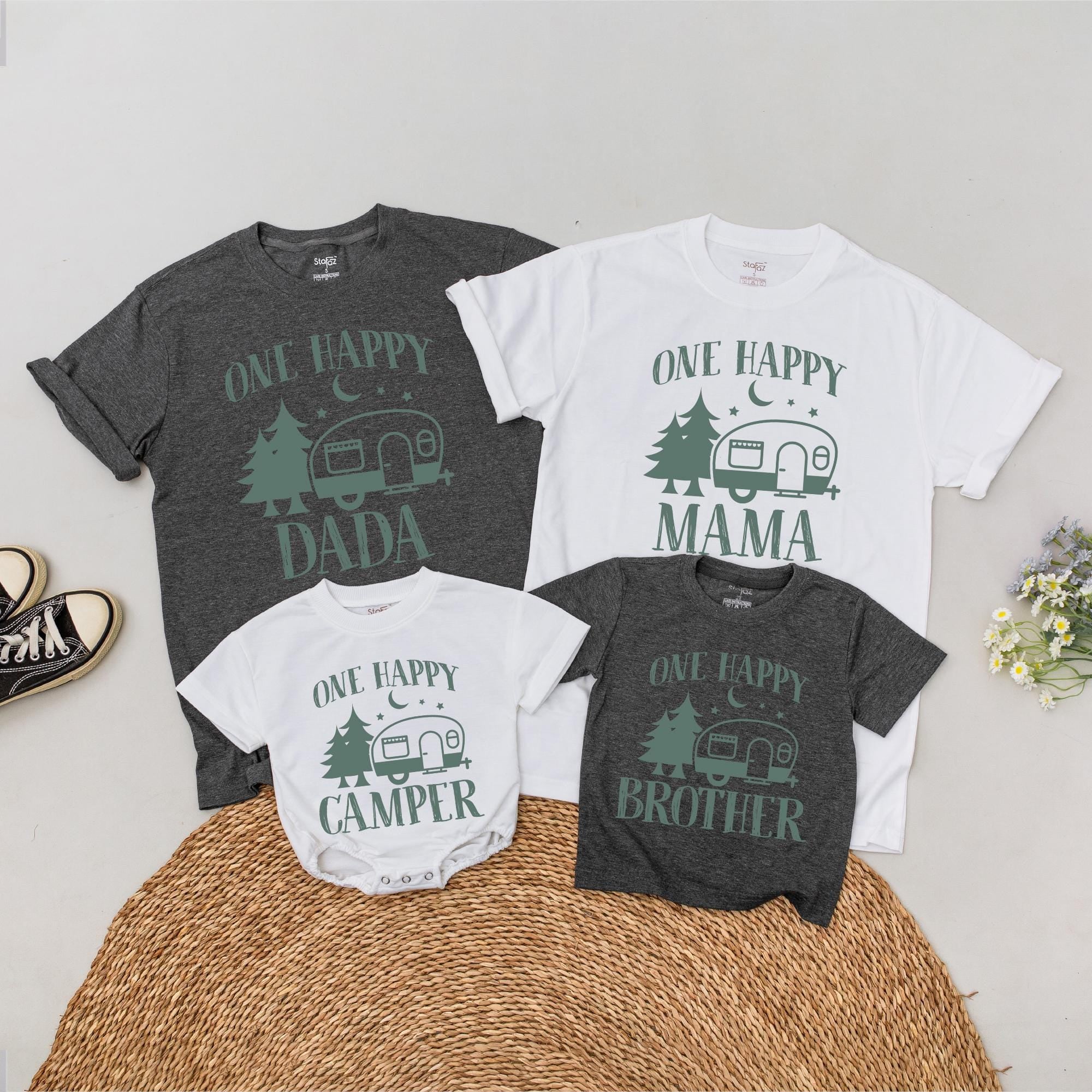Personalized One Happy Camper Family Shirts Vintage Trailer Design Birthday Holiday Gift Soft Cotton Matching Baby Toddler Adult Tees