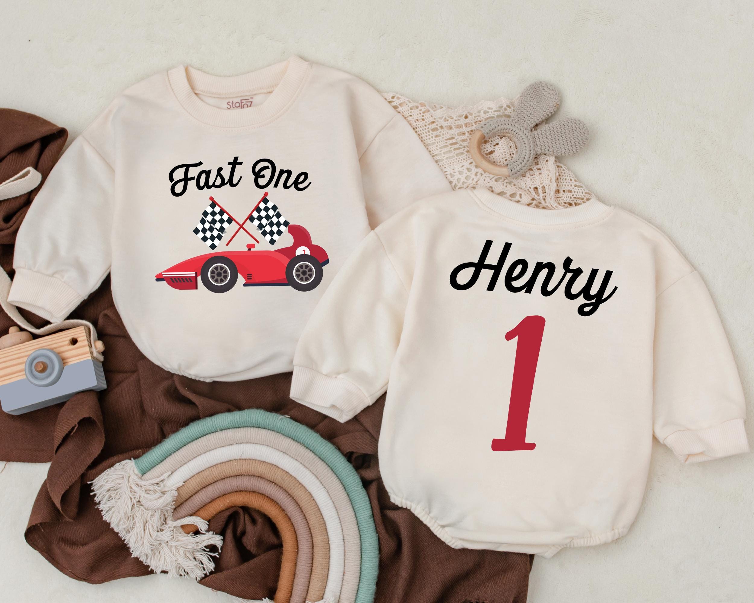 Race Car First Birthday Romper with Personalized Name