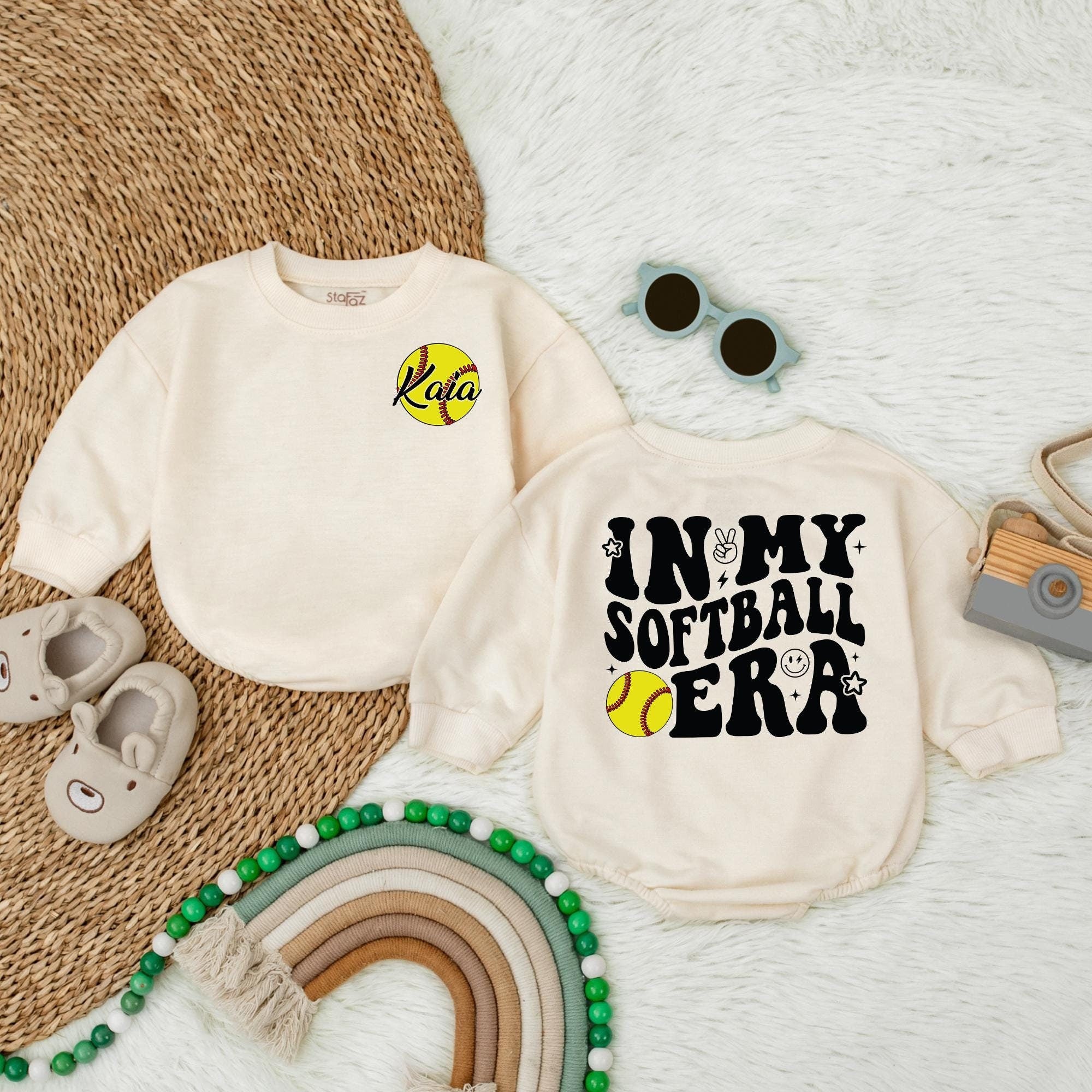 Softball Era Baby Romper with Bubble Letters Peace Sign Star Fun Graphic Toddler Girl Birthday Outfit Cotton Soft Comfortable Game Day Clothes