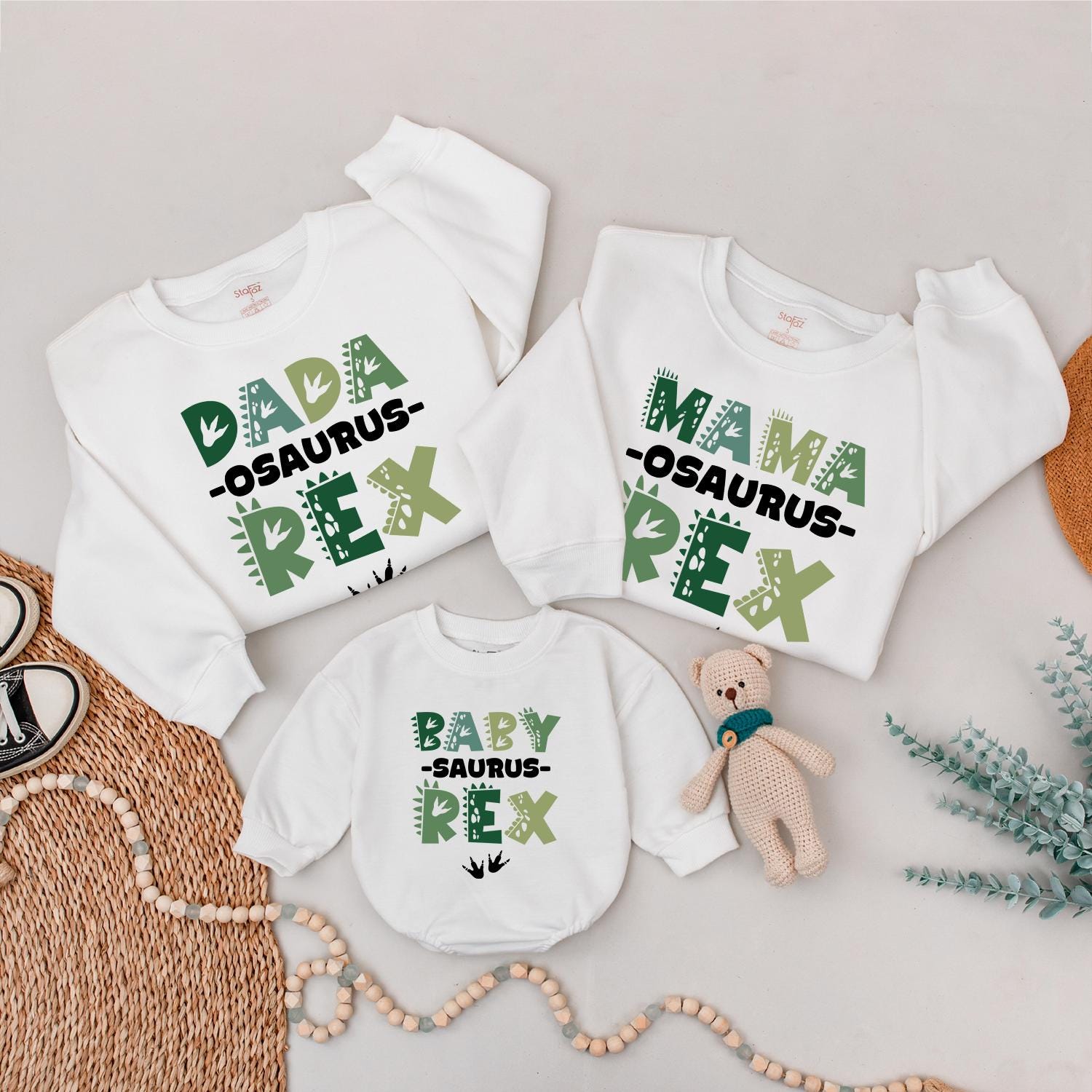 Custom Two Rex Family Sweatshirts Birthday Dino Theme Matching Shirts Mama Dada Saurus Green Dino Pattern Comfortable Cotton Fun