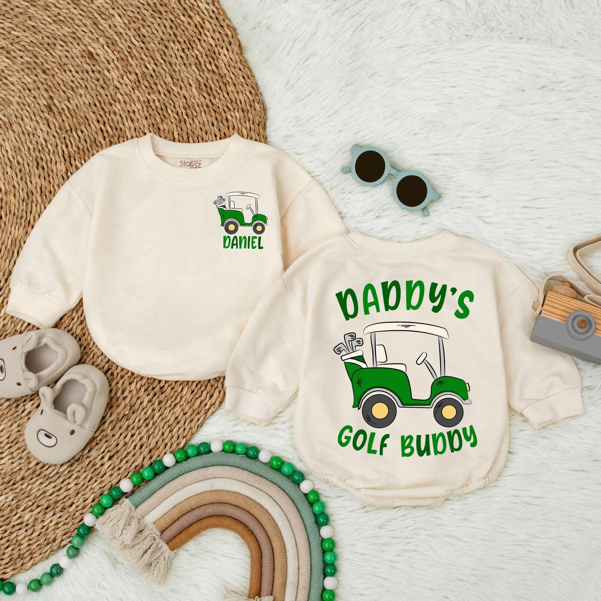 Personalized Daddy's Golf Buddy Romper Green Golf Cart Baby Bodysuit Custom Name Infant Gift Soft Cotton Playful Design Family Fun