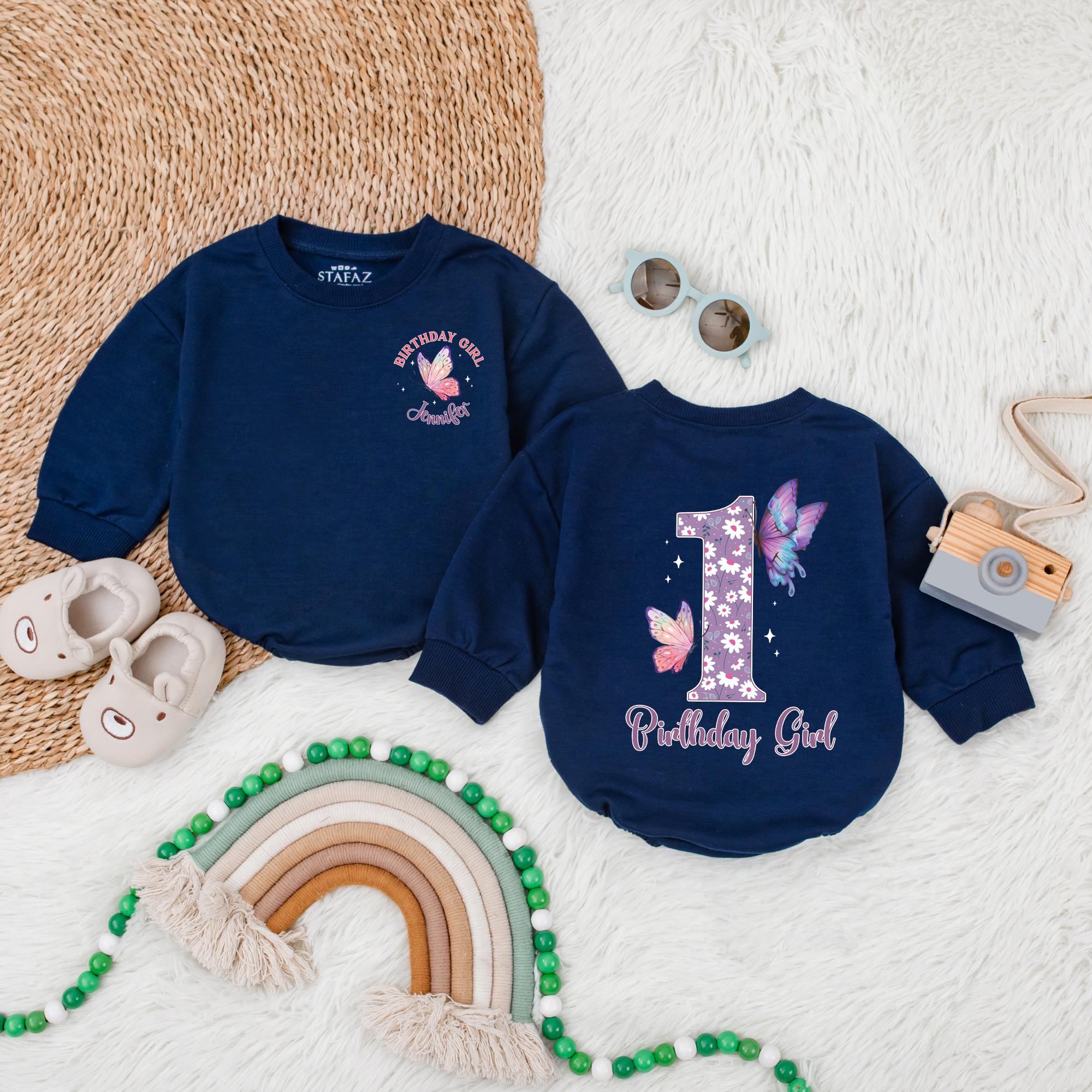 Personalized First Birthday Bubble Romper with Purple Star Number and Butterflies for Baby Girl Birthday Outfit Long-Sleeve Celebration