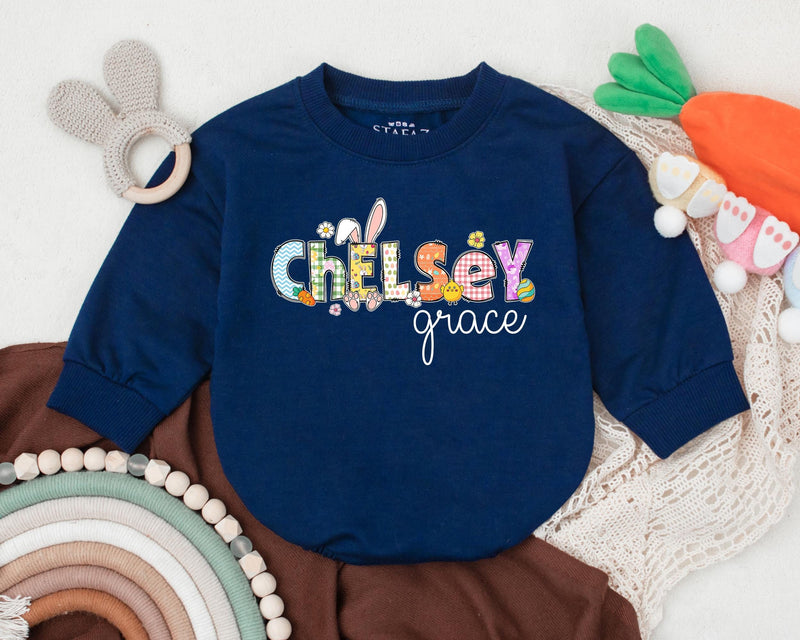 Personalized Chelsey First Easter Baby Romper Whimsical Bunny Design Infant Girl Boy Outfit Gift Spring Celebration