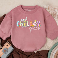 Personalized Chelsey First Easter Baby Romper Whimsical Bunny Design Infant Girl Boy Outfit Gift Spring Celebration