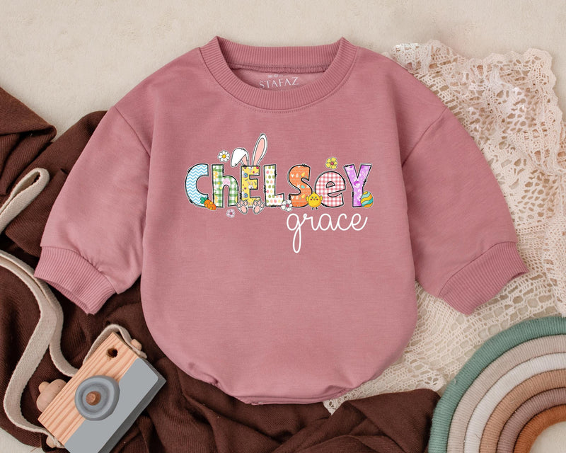 Personalized Chelsey First Easter Baby Romper Whimsical Bunny Design Infant Girl Boy Outfit Gift Spring Celebration
