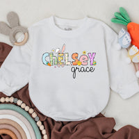 Personalized Chelsey First Easter Baby Romper Whimsical Bunny Design Infant Girl Boy Outfit Gift Spring Celebration