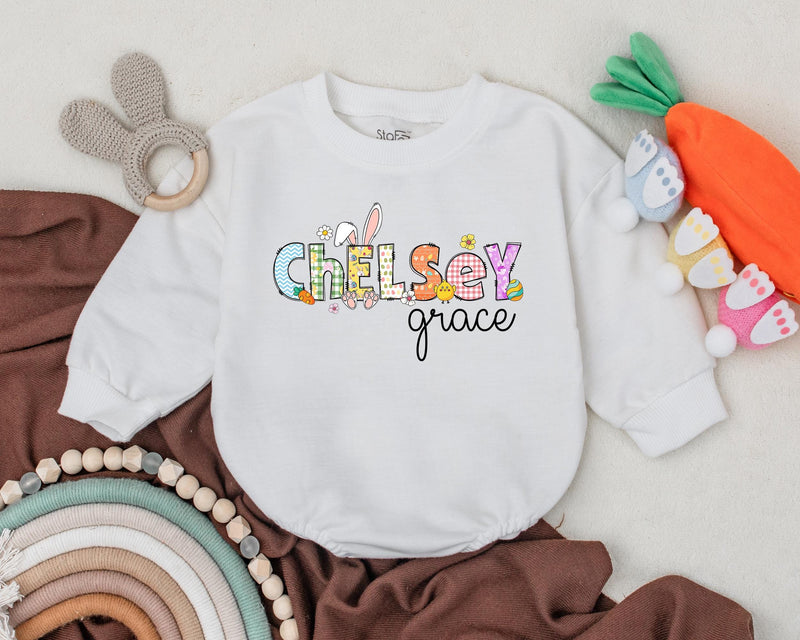 Personalized Chelsey First Easter Baby Romper Whimsical Bunny Design Infant Girl Boy Outfit Gift Spring Celebration