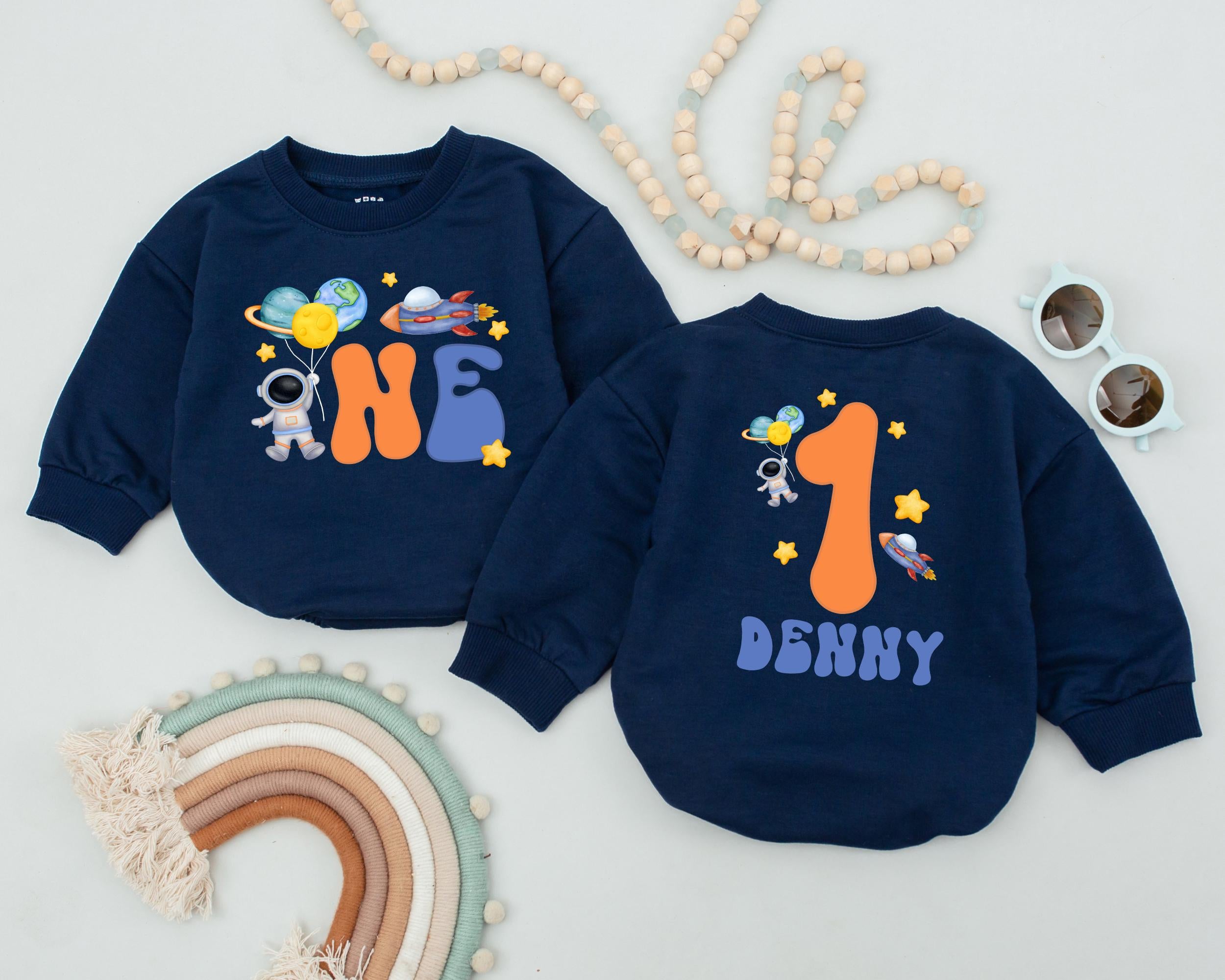 Personalized Space Theme Birthday Romper Baby Boy Outfit First Birthday Celebration Astronaut Planets Stars Design Custom Name Cotton Playful
