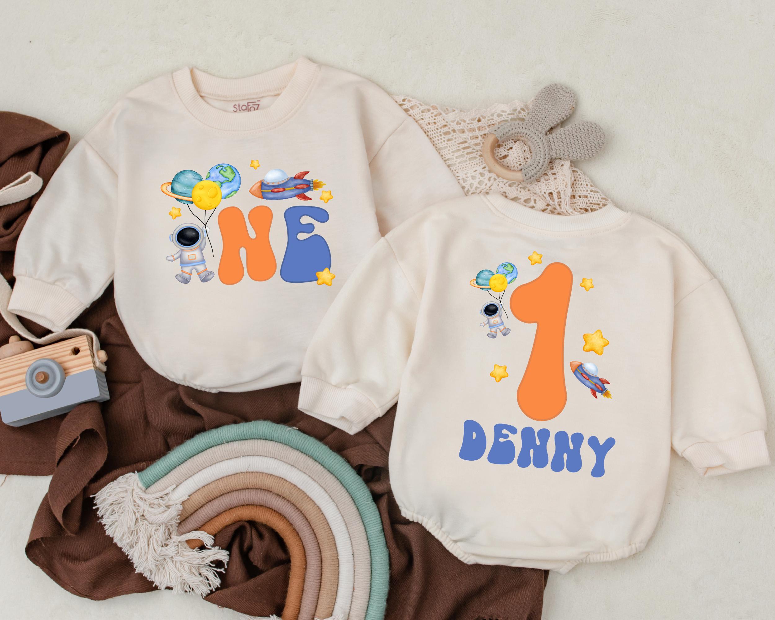 Personalized Space Theme Birthday Romper Baby Boy Outfit First Birthday Celebration Astronaut Planets Stars Design Custom Name Cotton Playful