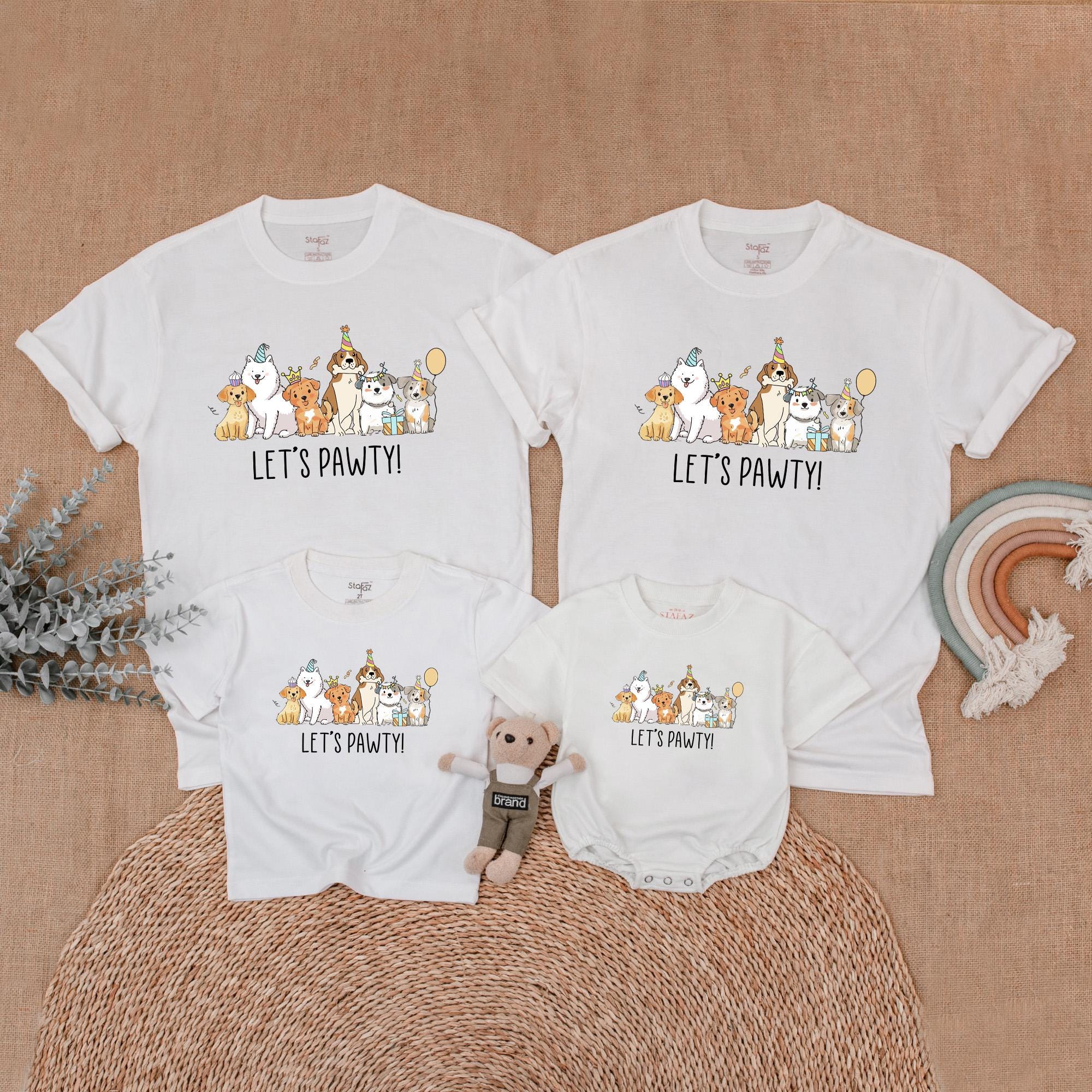 Let's Pawty Matching Family Shirt Colorful Dog Party Hat Design First Birthday Boy Girl Outfit Soft Cotton Fun Celebration