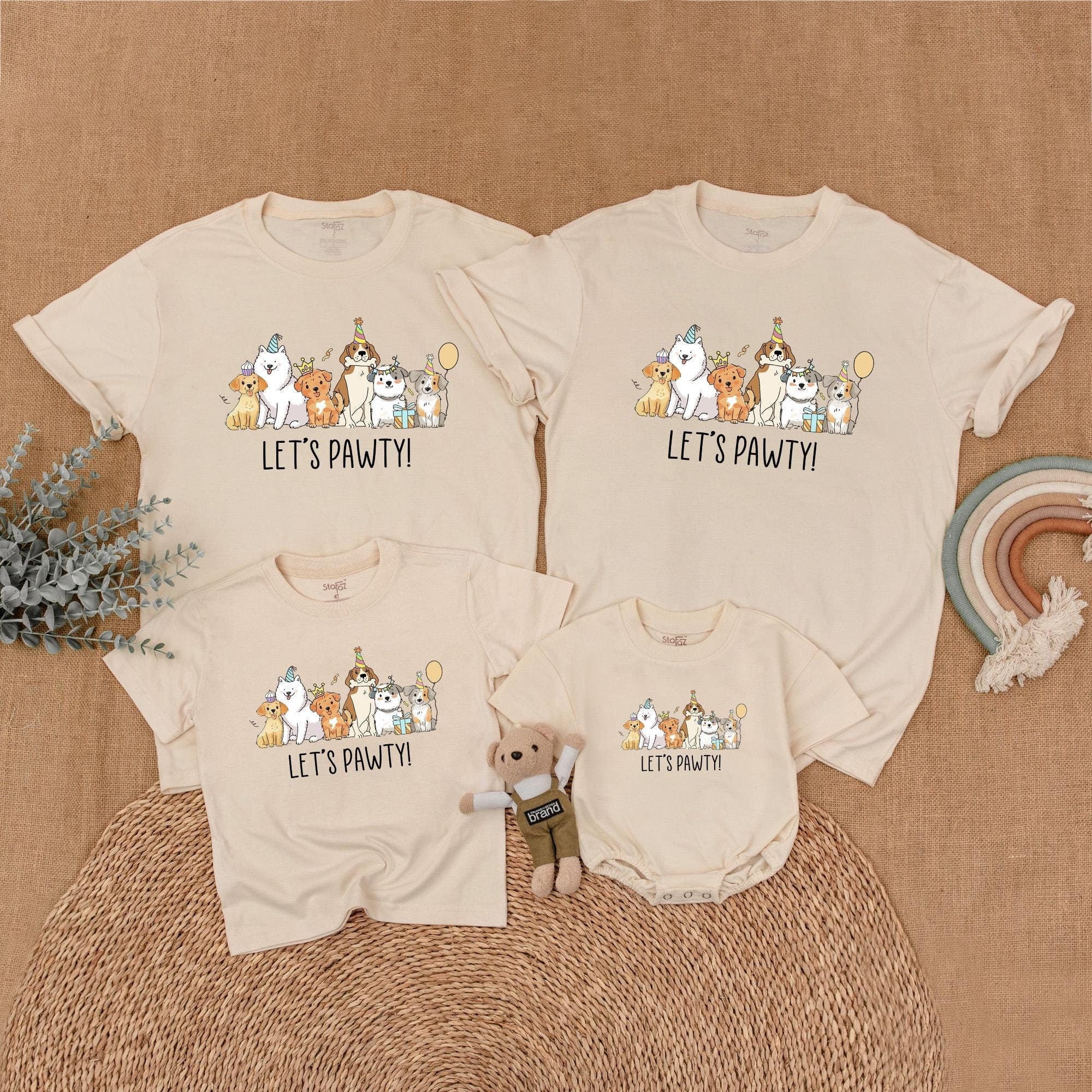 Let's Pawty Matching Family Shirt Colorful Dog Party Hat Design First Birthday Boy Girl Outfit Soft Cotton Fun Celebration