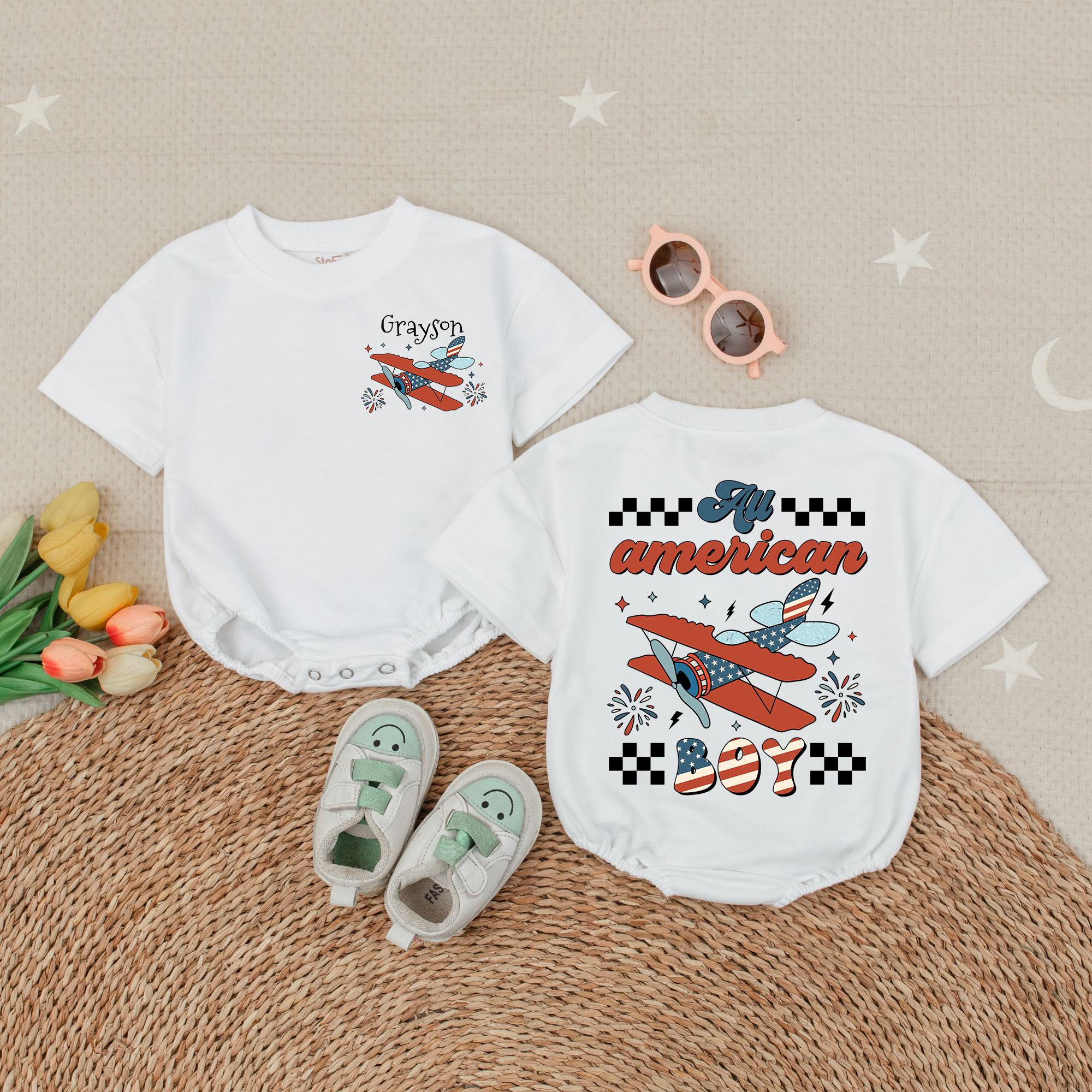 All American Boy Baby Romper Patriotic Stars Airplane Design 4th of July Outfit Soft Cotton Newborn Infant Bodysuit Retro Style