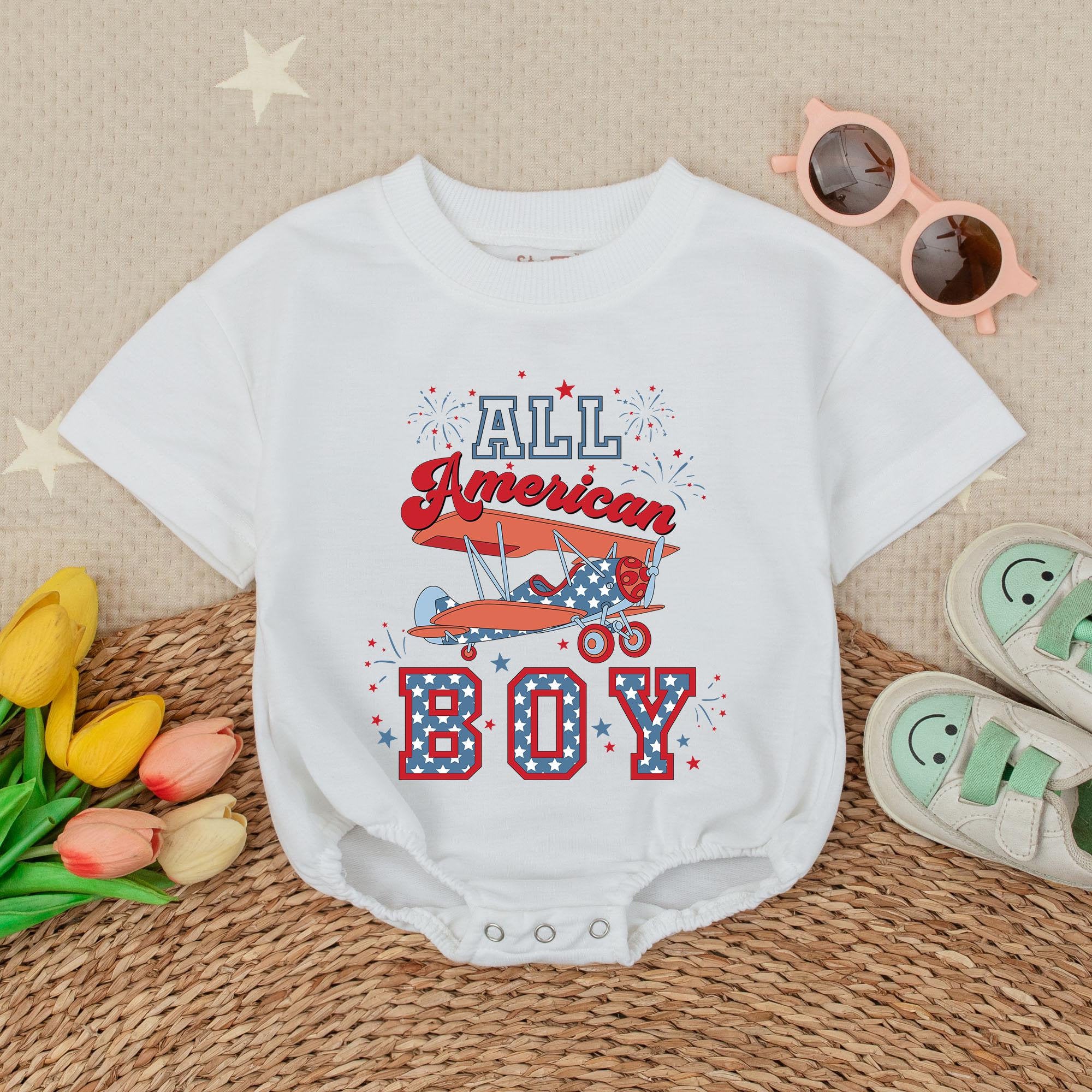 All American Boy Retro Baby Romper Patriotic Infant Outfit 4th of July Bodysuit Soft Cotton Stars Stripes Fireworks Newborn Gift