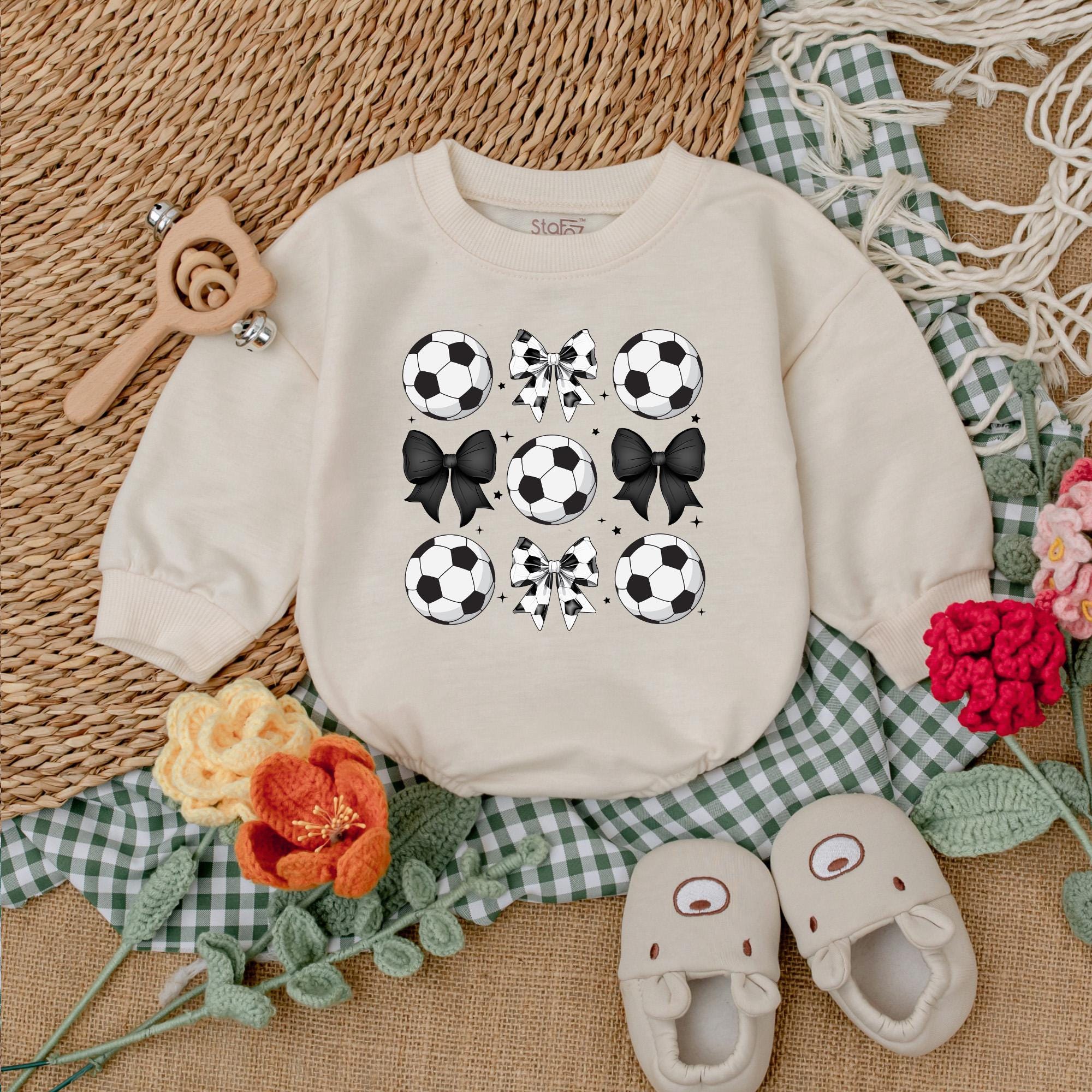 Vintage Soccer Ball & Bow Baby Romper for Gameday