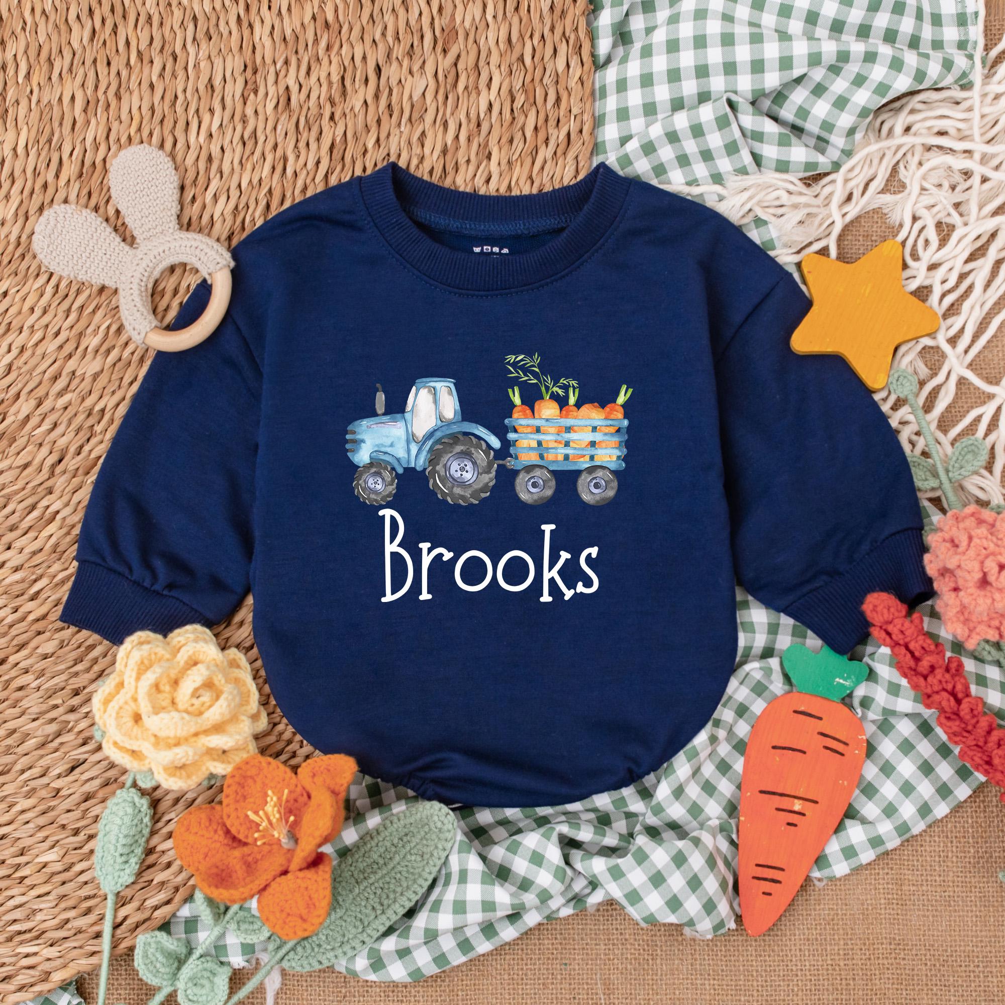 Personalized Easter Tractor Romper for Baby Boys with Blue and Orange Design Perfect Baby Shower Gift