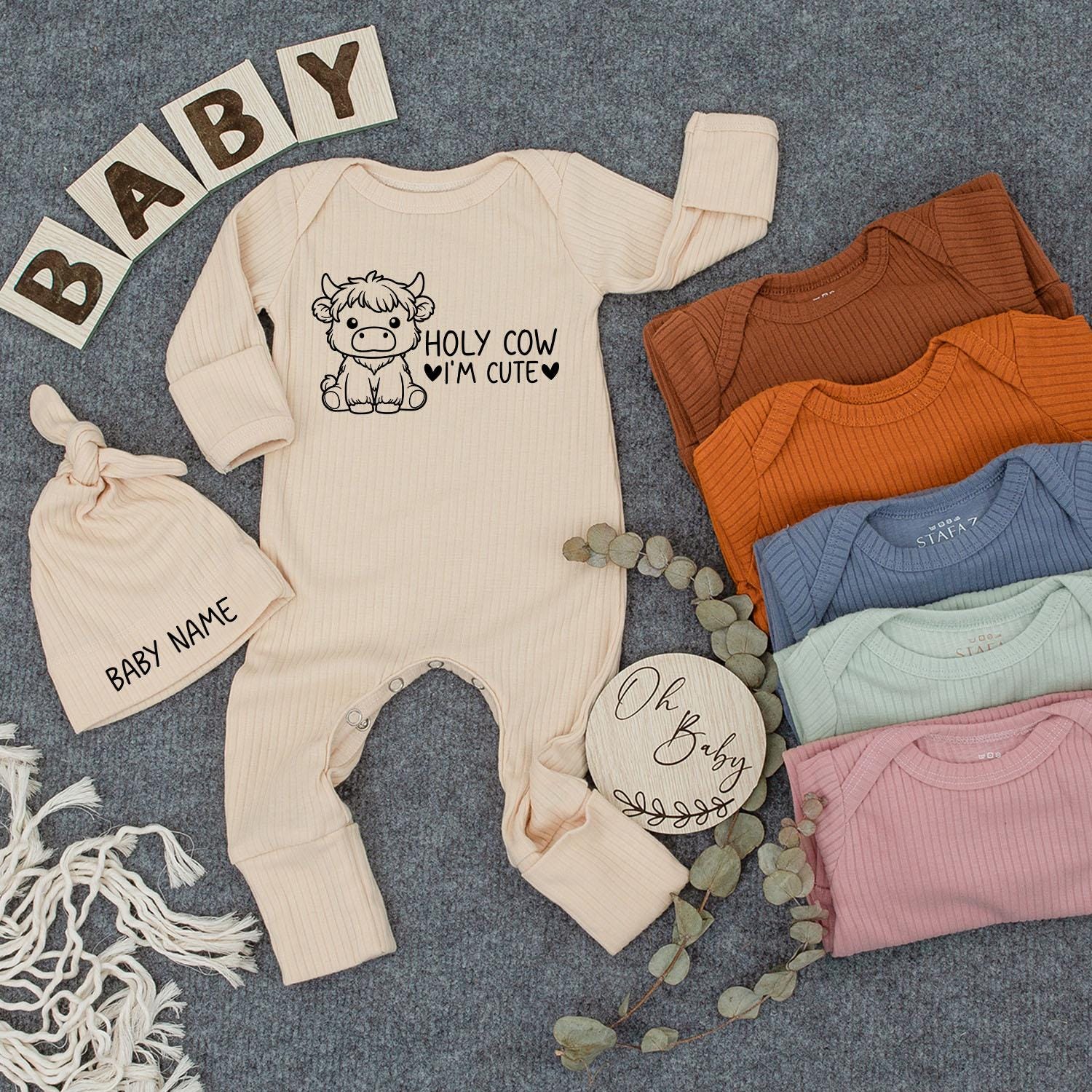 Holy Cow I'm Cute Baby Bodysuit and Hat Set Customizable Outfit Soft Cotton Infant Gift