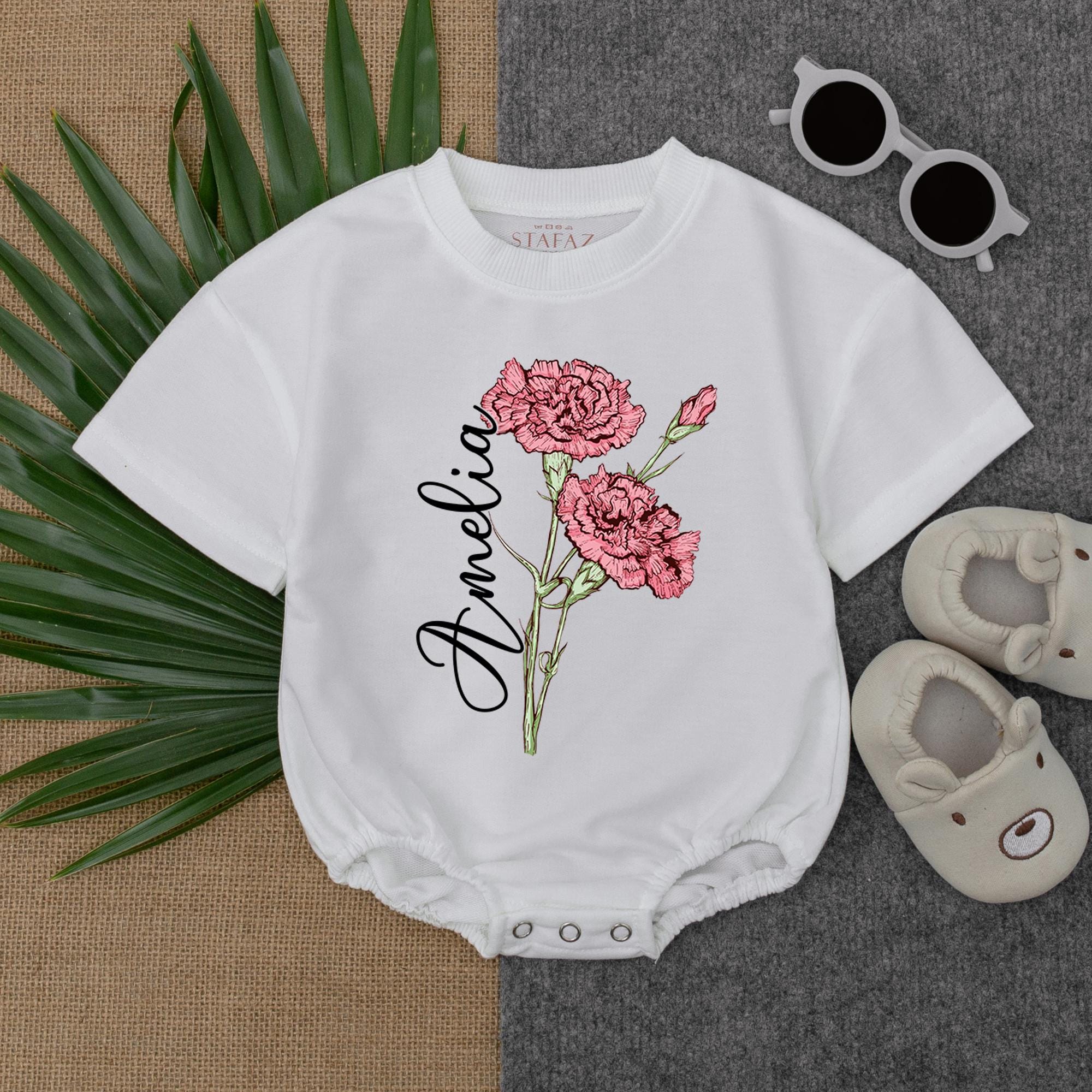 Personalized Birth Month Floral Baby Romper Soft Cotton Infant Girl Outfit Delicate Bloom Newborn Take Home Gift Custom Name Pink Design
