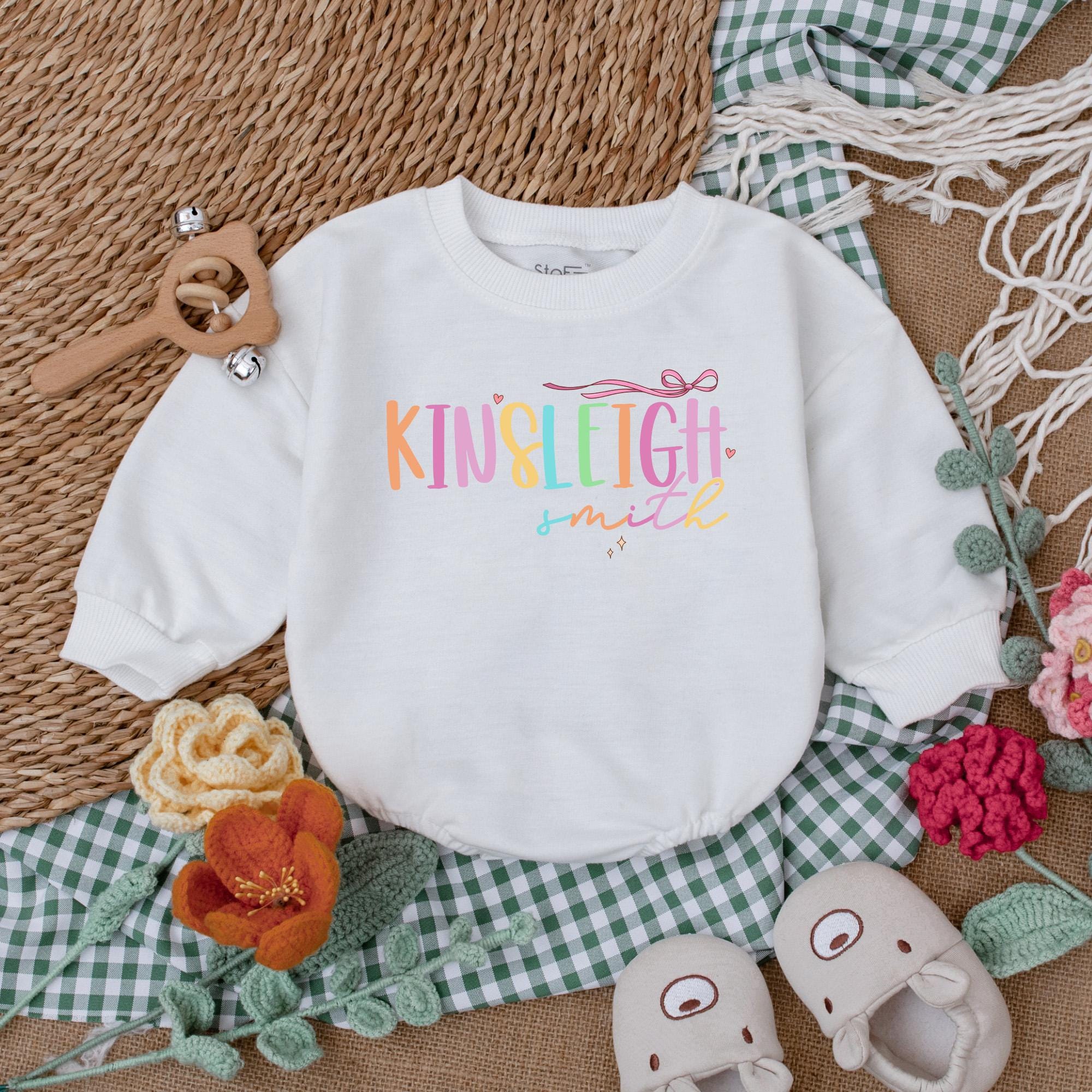 Personalized Baby Girl Romper with Kinleigh Smith Bow Design Custom Name Birthday Outfit Soft Cotton Gift