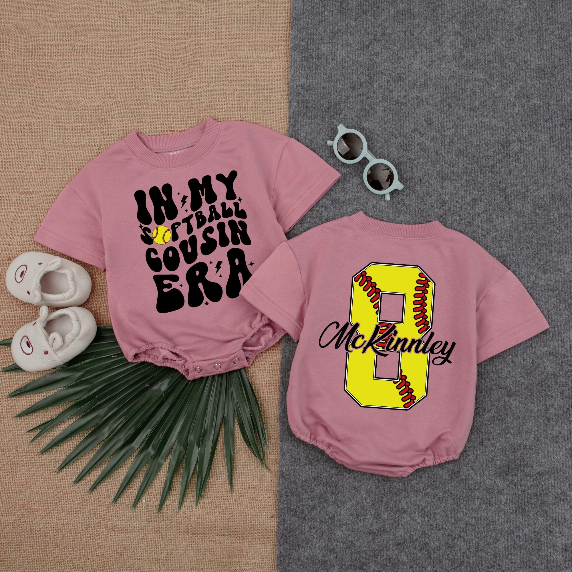 In My Softball Cousin Era Baby Romper with Custom Name & Number
