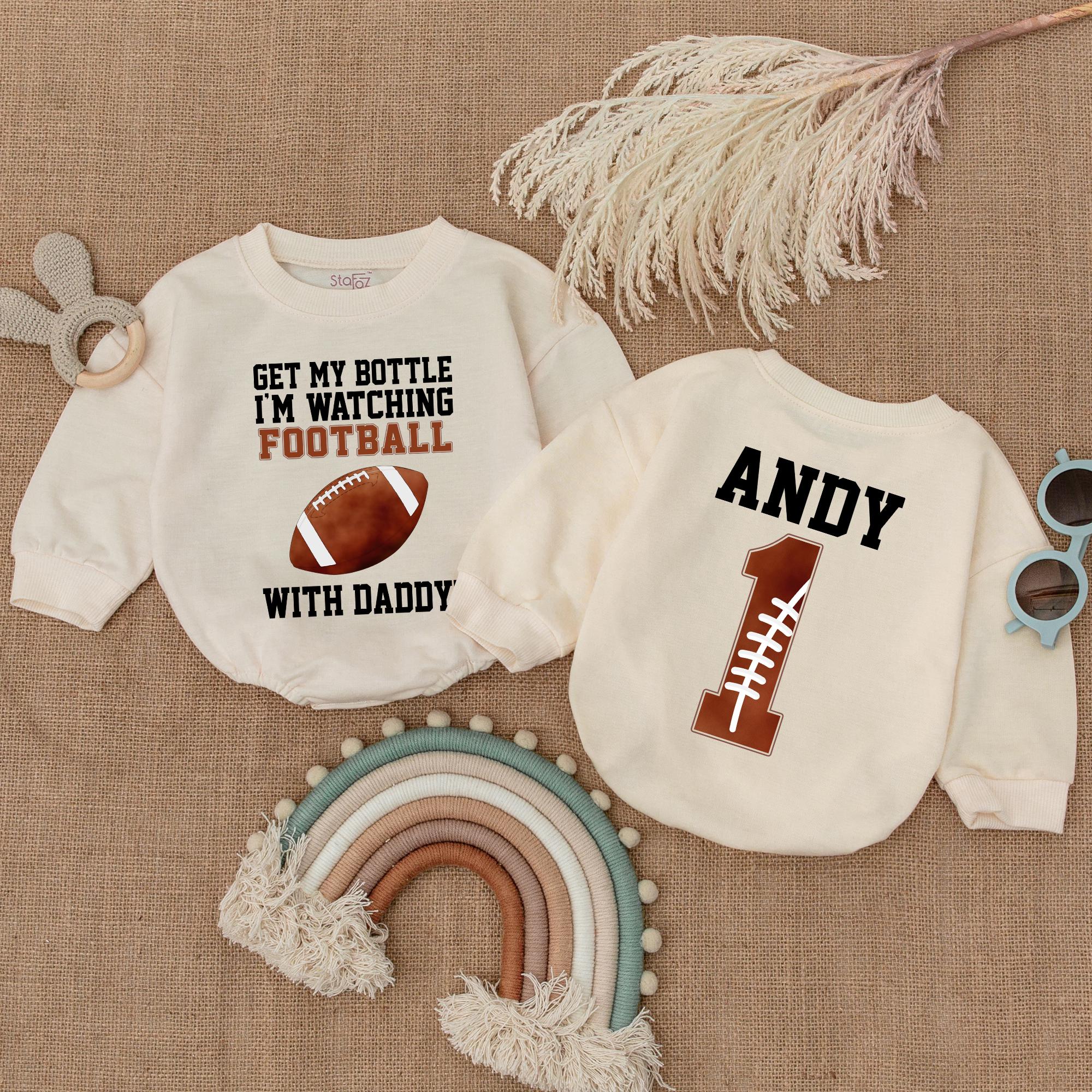 Personalized Football Baby Romper Get My Bottle Watching Daddy Game Day Outfit Soft Cotton Sporty Bodysuit Gift for Boys and Girls