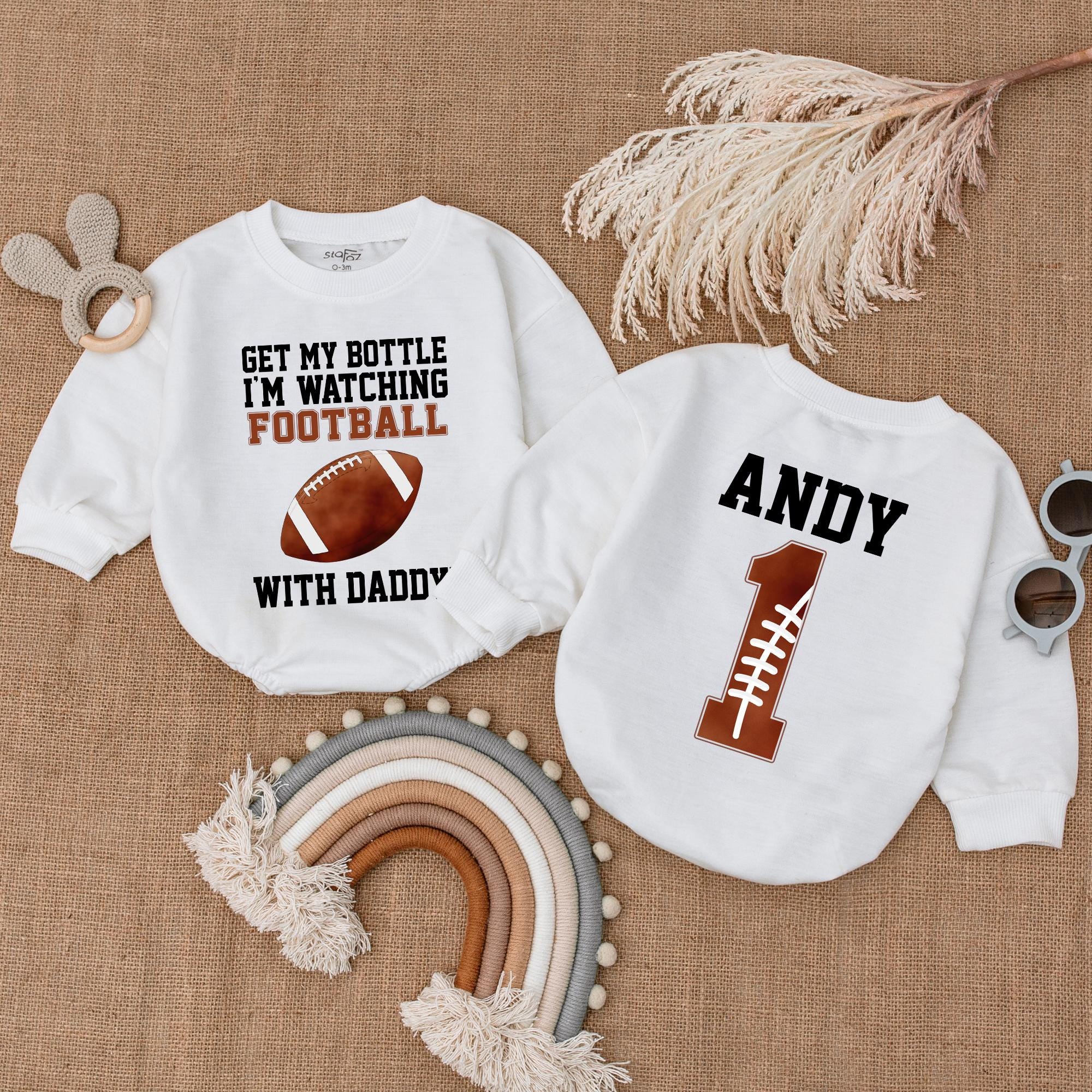 Personalized Football Baby Romper Get My Bottle Watching Daddy Game Day Outfit Soft Cotton Sporty Bodysuit Gift for Boys and Girls