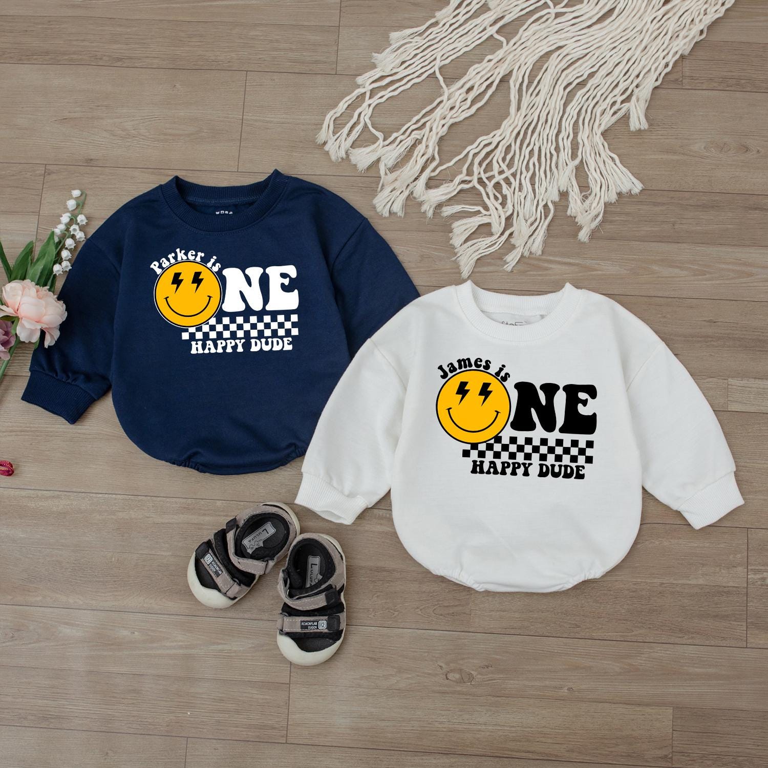 Custom One Happy Dude Smiley Bodysuit First Birthday Outfit Yellow Fun Checkered Design Baby Boy Party Gift