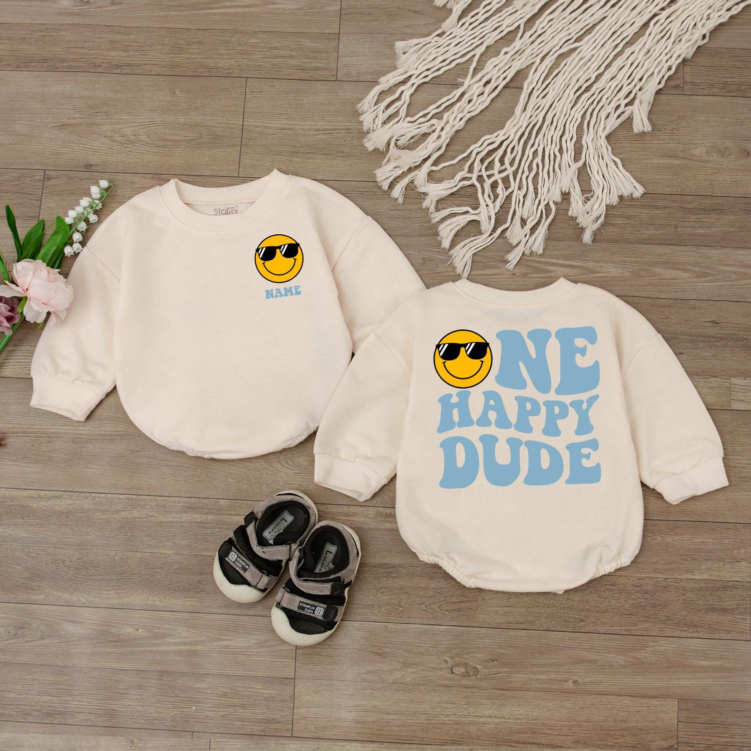 Custom One Happy Dude 1st Birthday Bodysuit with Smiley Face Sunglasses Design Playful Baby Outfit Personalized Boys Infant Cotton Clothes