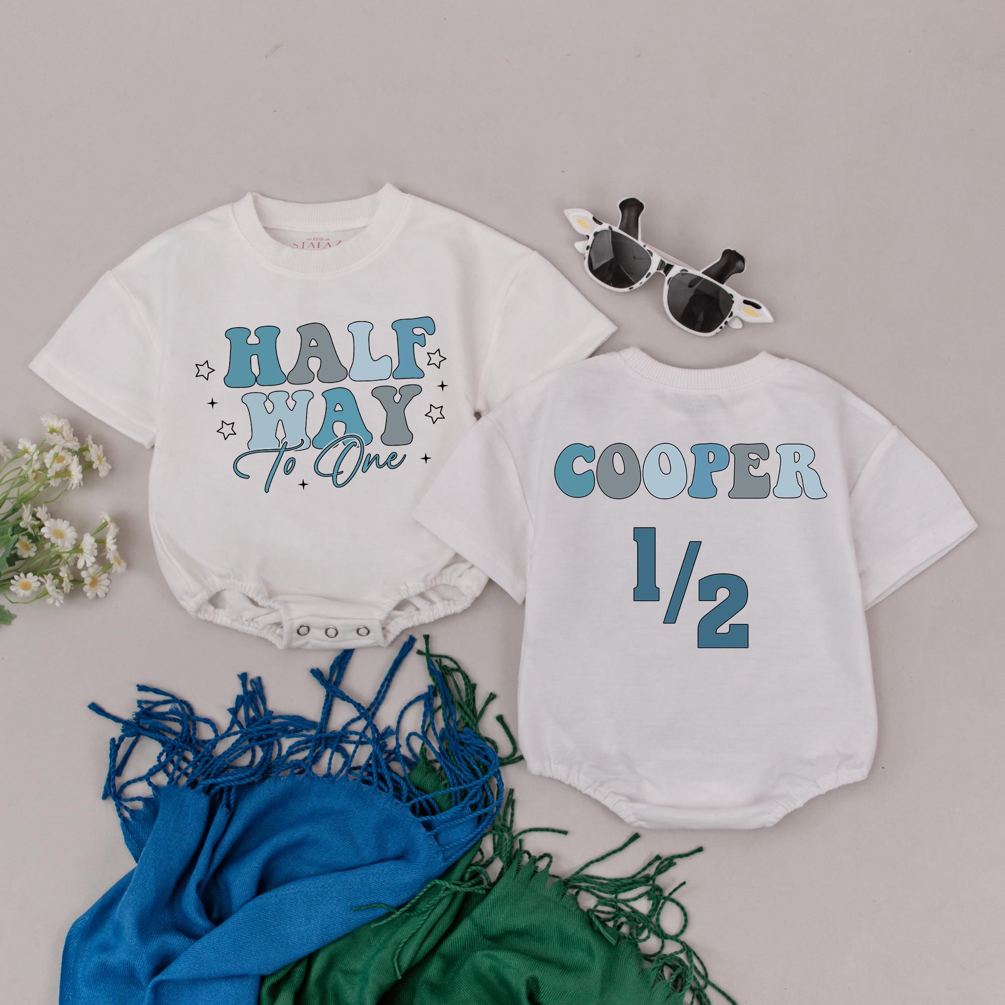 Personalized Half Way To One Romper for Baby Boys Soft Blue Birthday Outfit with Cooper Name 6 Months Celebration Gift Cotton Comfort