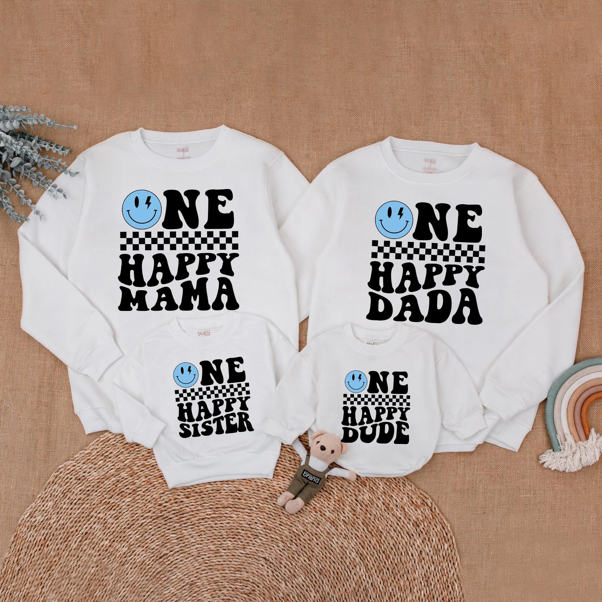 Blue Happy Face Family Sweatshirt with Fun Checkered Design