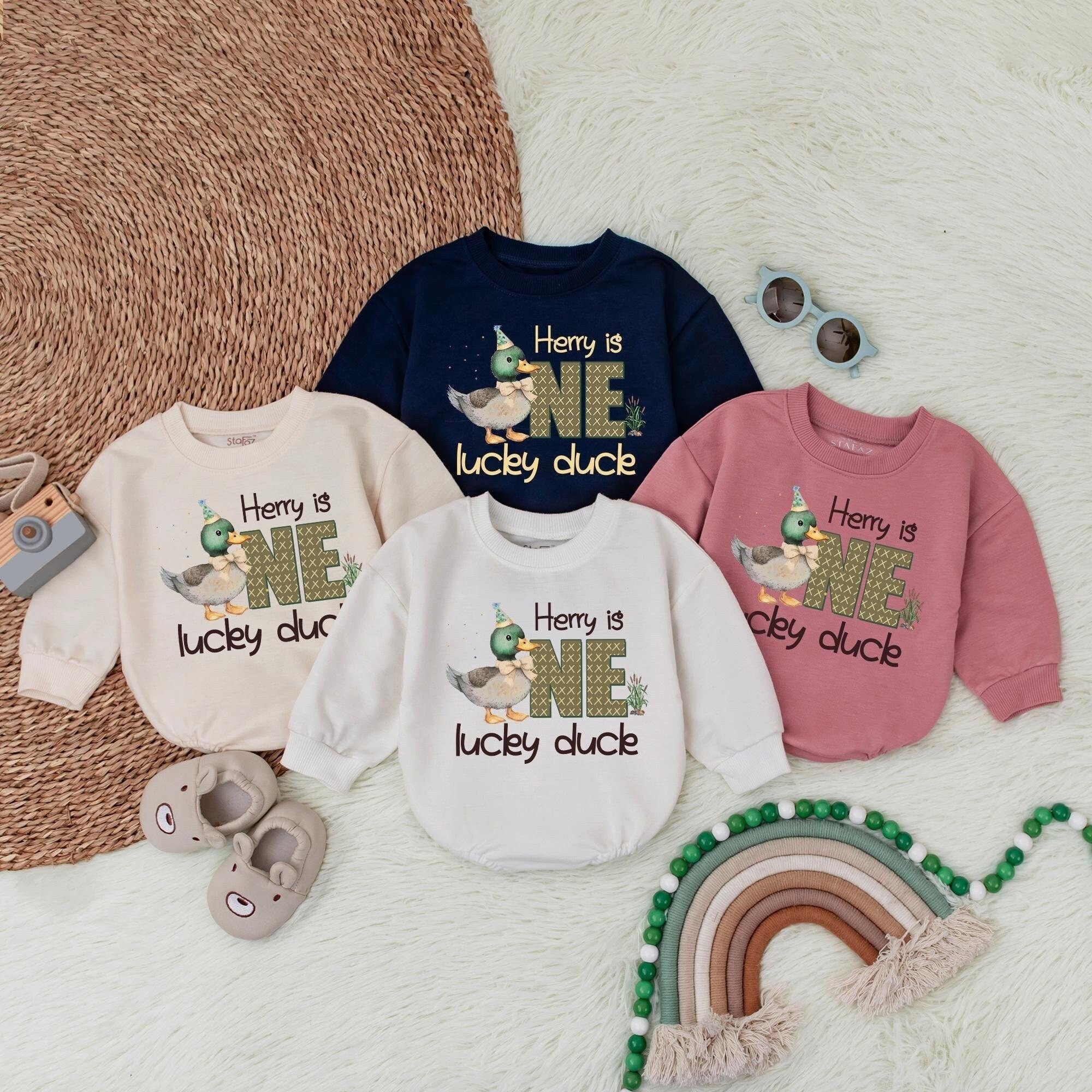 Personalized Lucky Duck Baby Romper First Birthday Outfit Custom Gift Soft Cotton Bodysuit for Boys and Girls with Henry's Name