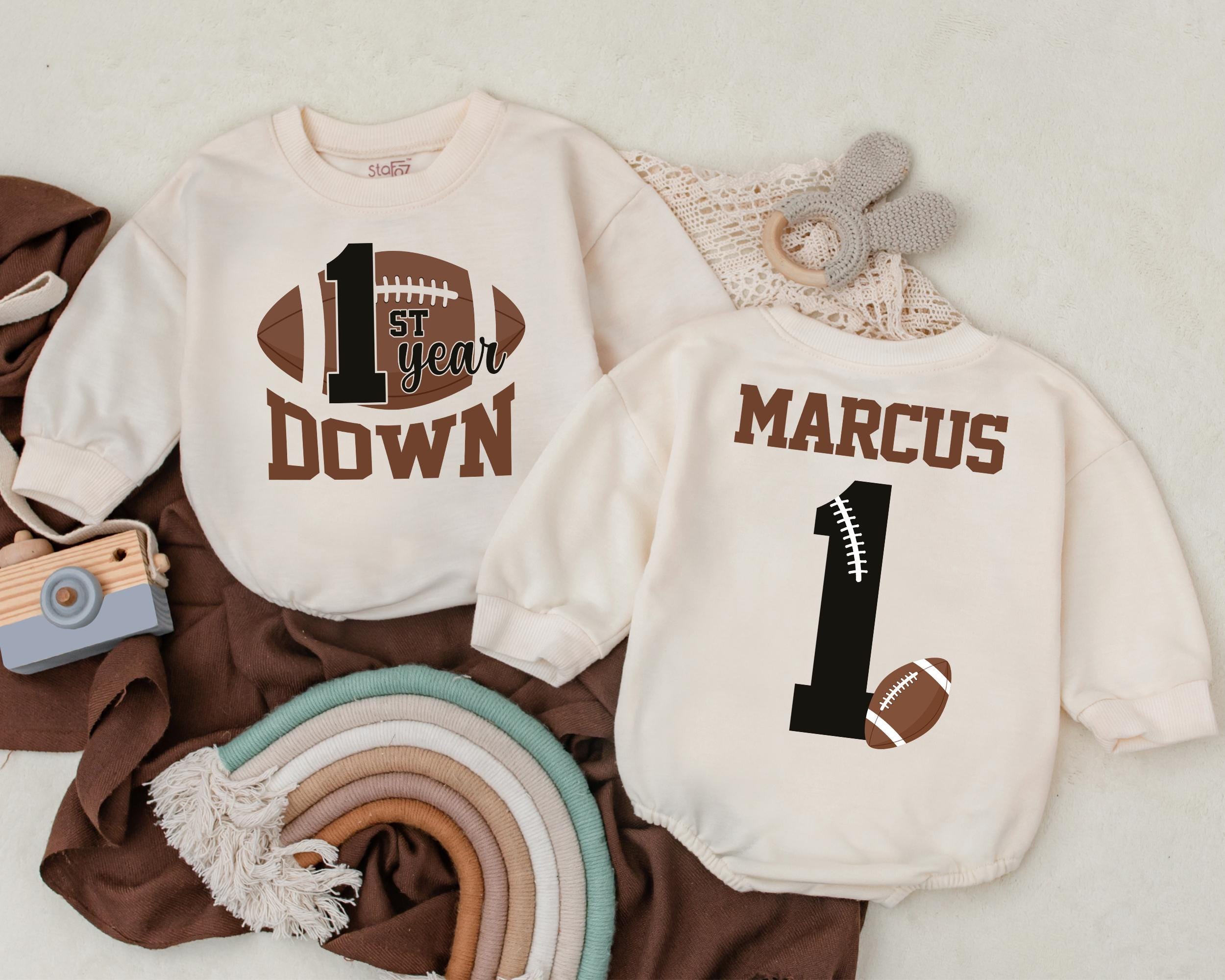 Personalized Football Birthday Romper 1st Year Down Baby Outfit Custom Name Soft Cotton Game Day Party Clothes Infant Boy Girl Gift