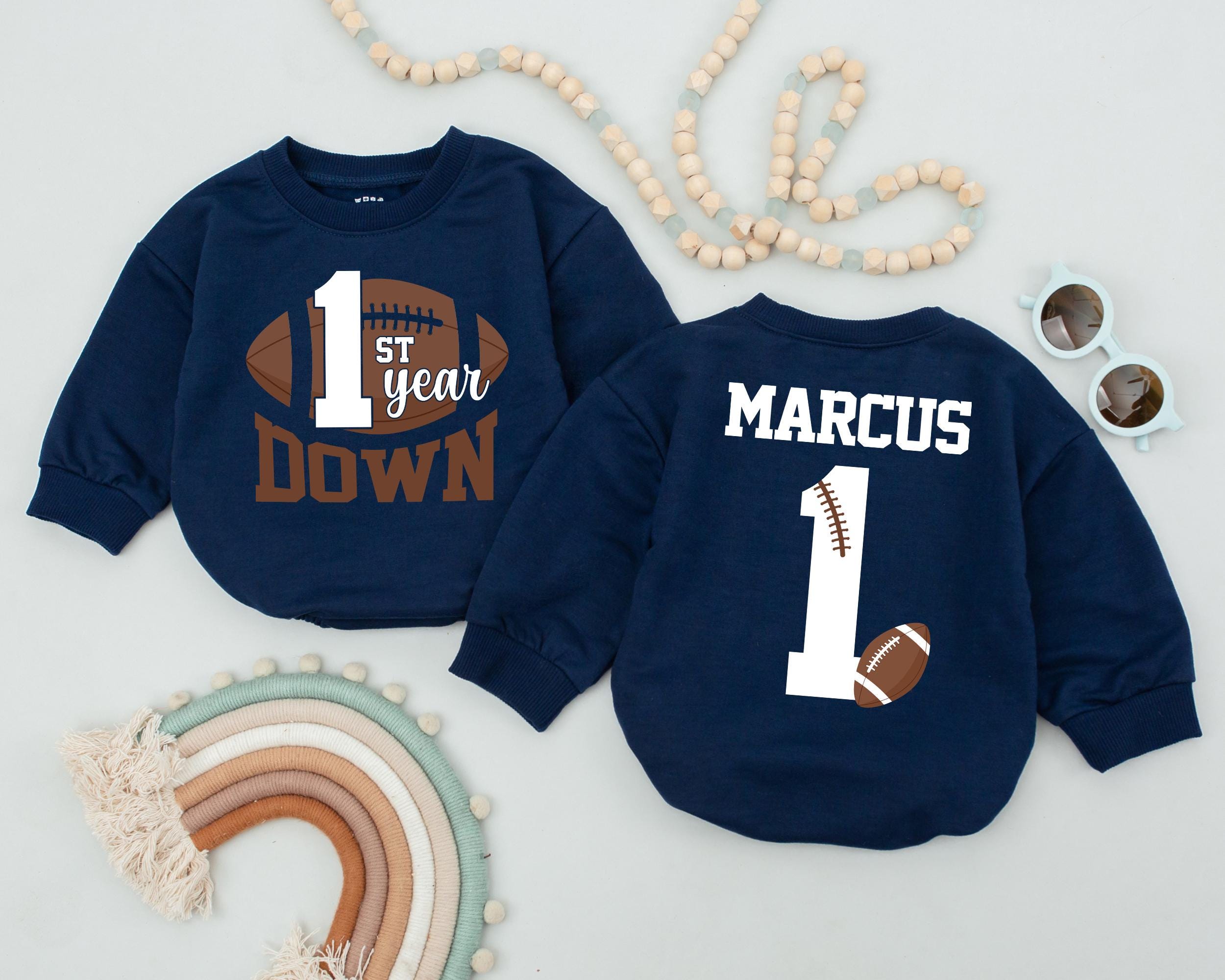 Personalized Football Birthday Romper 1st Year Down Baby Outfit Custom Name Soft Cotton Game Day Party Clothes Infant Boy Girl Gift