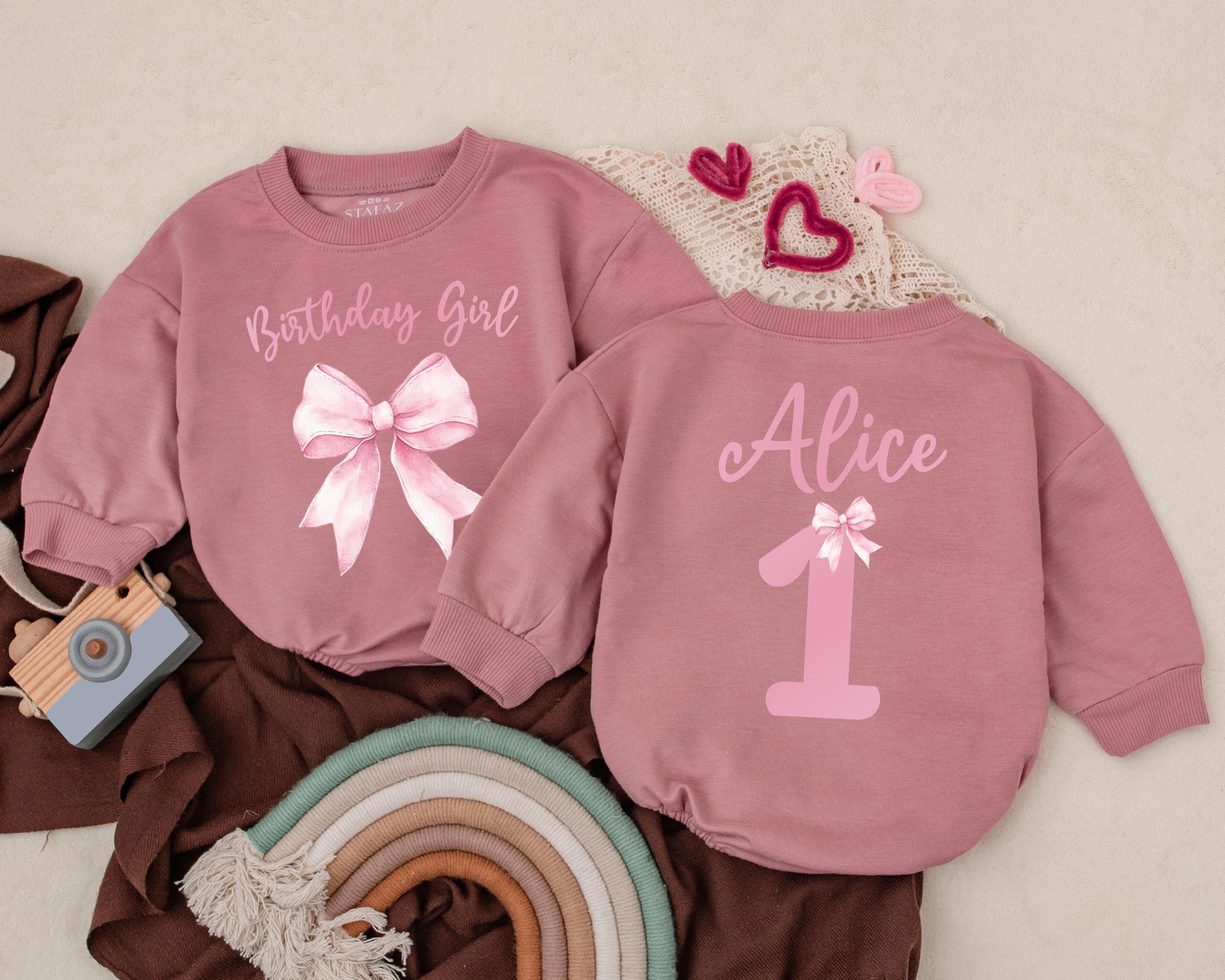 Personalized Birthday Girl Romper with Pink Bow Design