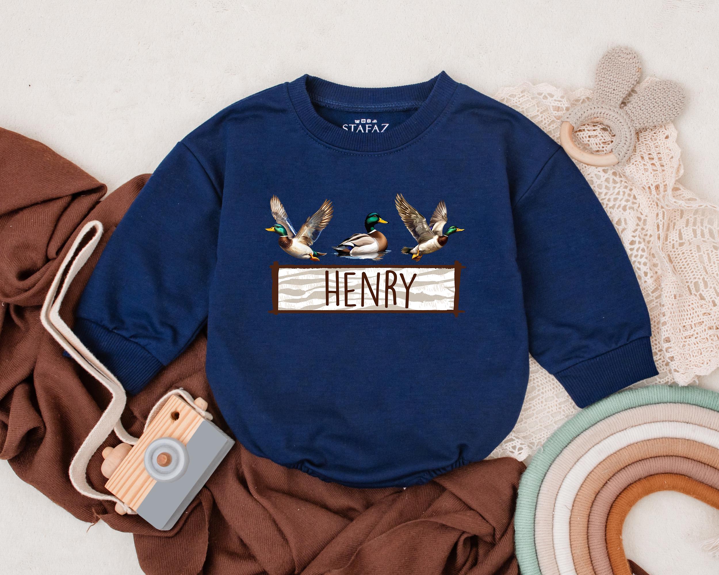 Personalized Baby Boy Romper with Mallard Ducks First Birthday Outfit Earthy Colors Soft Cotton Custom Name Newborn Gift for Duck Lovers