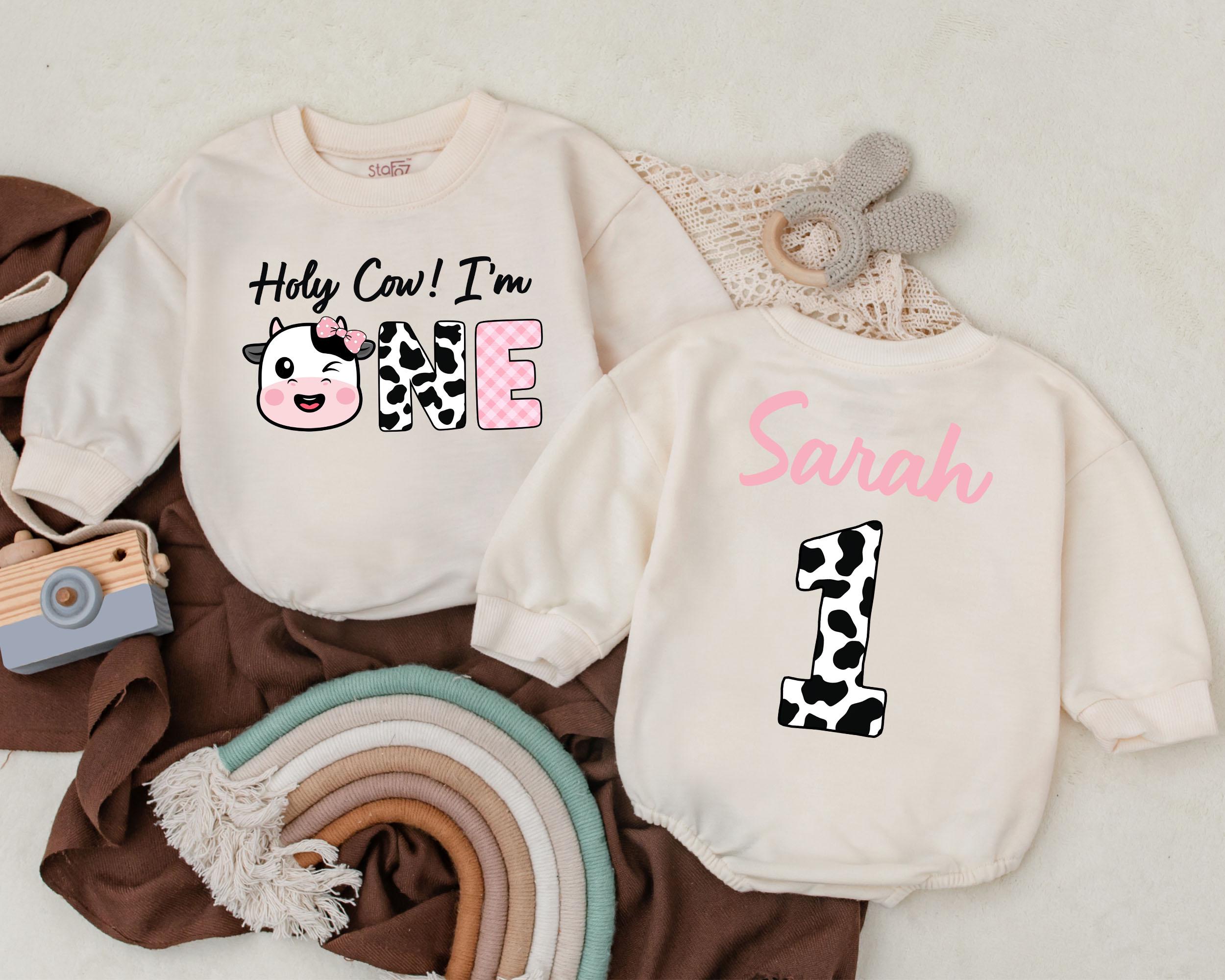 Personalized Holy Cow I'm One Romper for Baby Girls Birthday Outfit with Cow Print and Pink Bow Retro First Birthday Gift