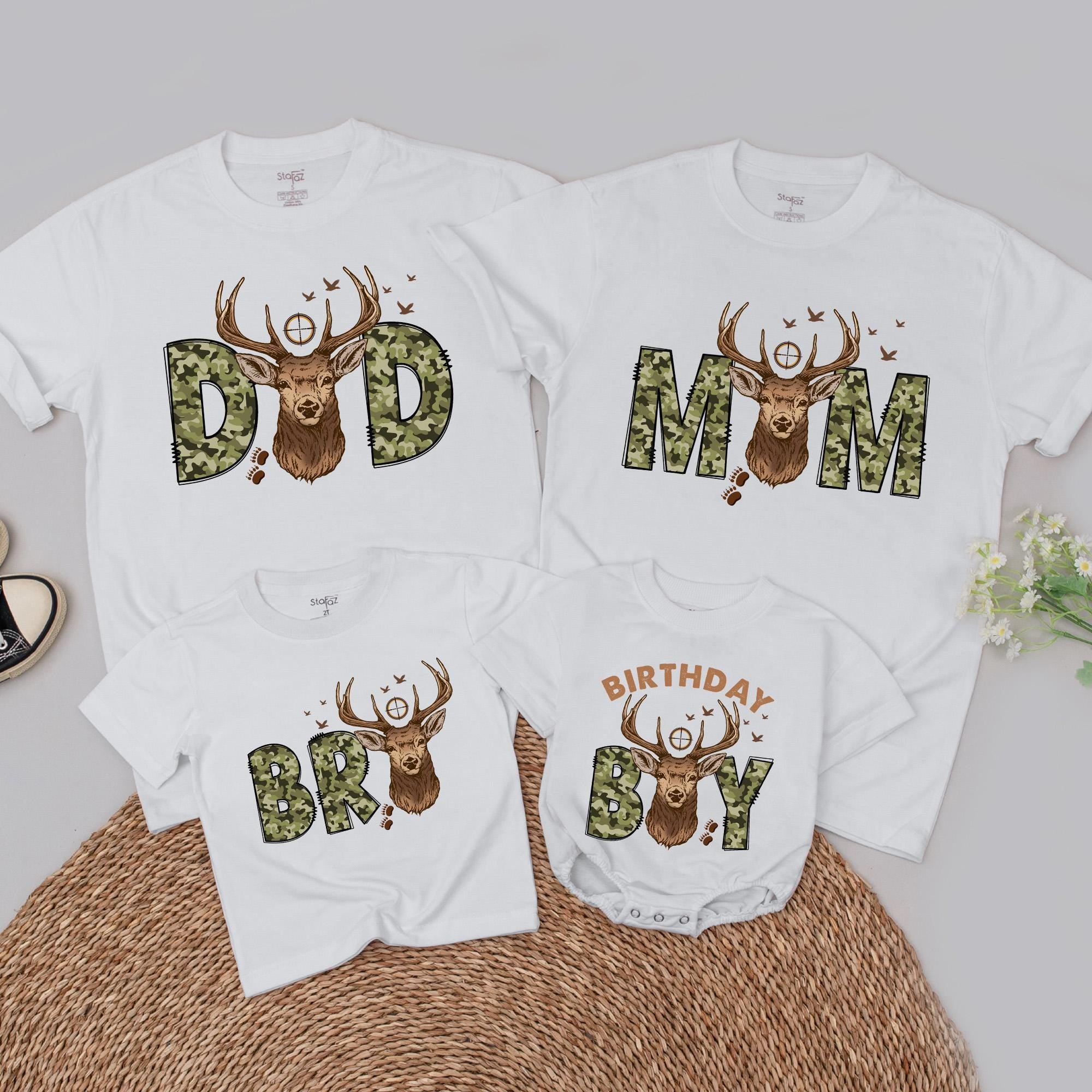 Custom Deer Camo Family Birthday Shirt Personalized Hunting Tee for Birthday Boy Matching Rustic Design Cotton Outfit