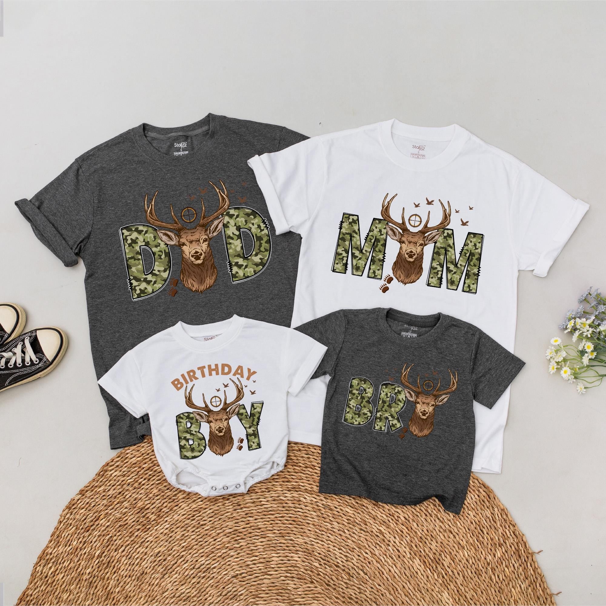 Custom Deer Camo Family Birthday Shirt Personalized Hunting Tee for Birthday Boy Matching Rustic Design Cotton Outfit