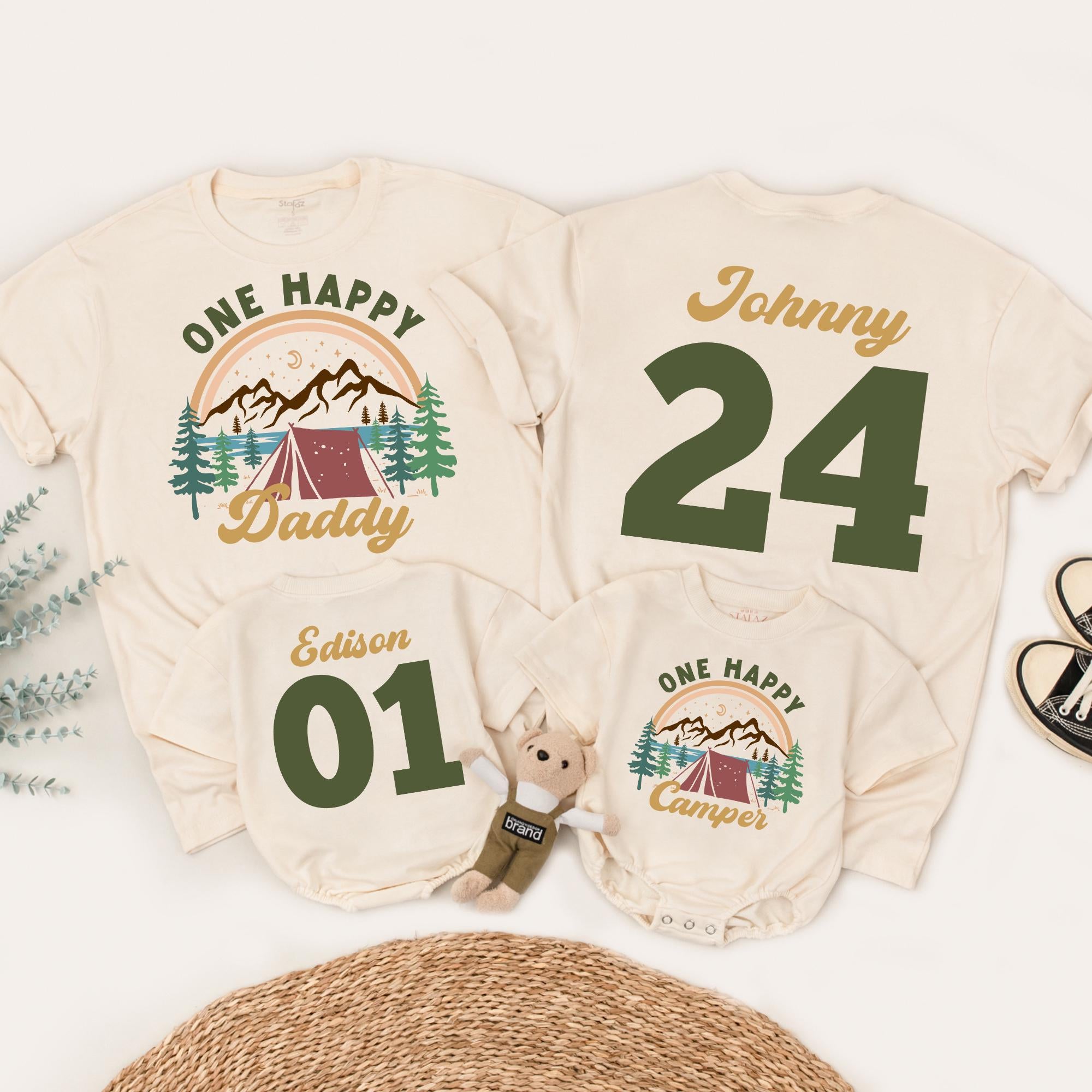 One Happy Camper Family T-Shirts with Custom Name & Number